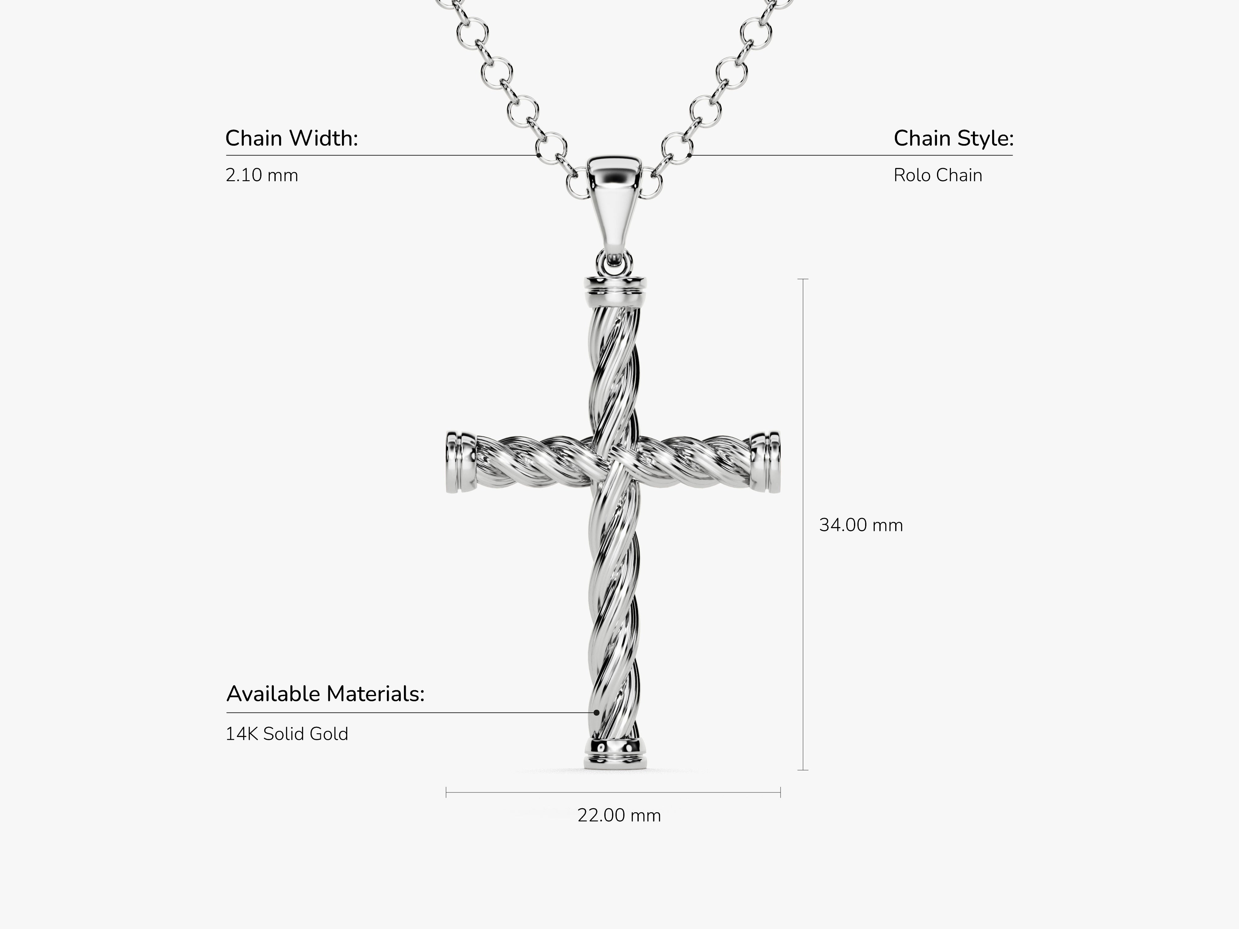 14K gold twisted cross pendant necklace, rolo chain