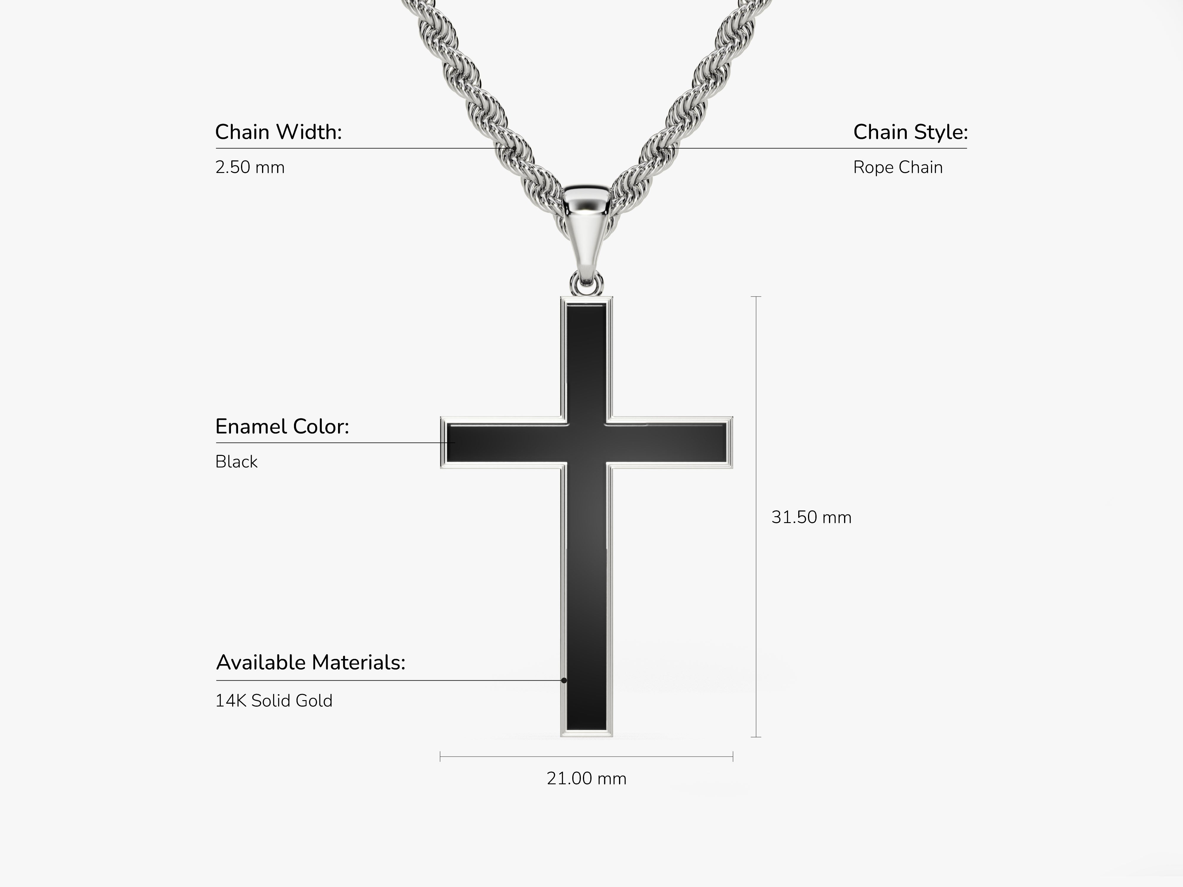 14K gold cross pendant with black enamel and rope chain