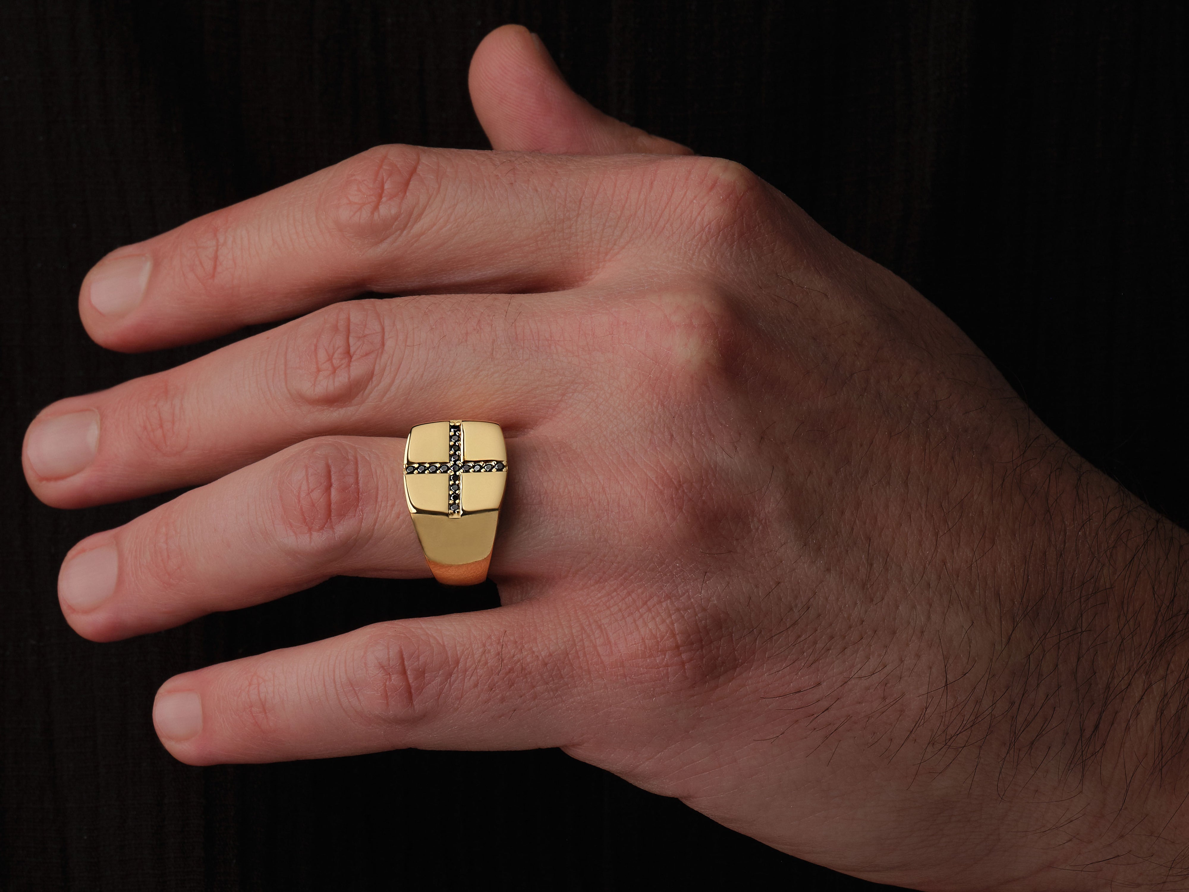 Gold ring with black diamonds, cross design, men's jewelry