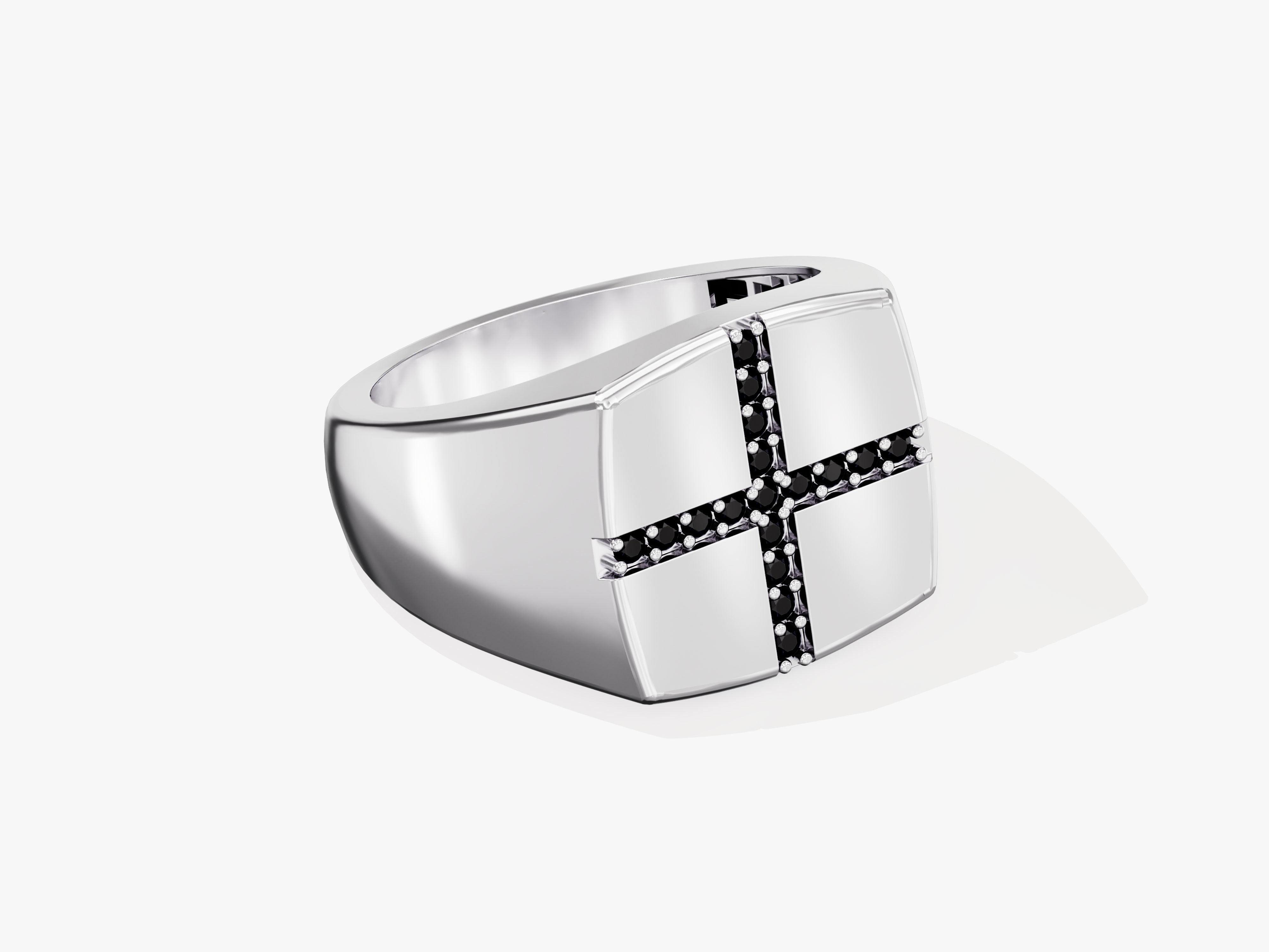 Silver ring with black diamond cross design
