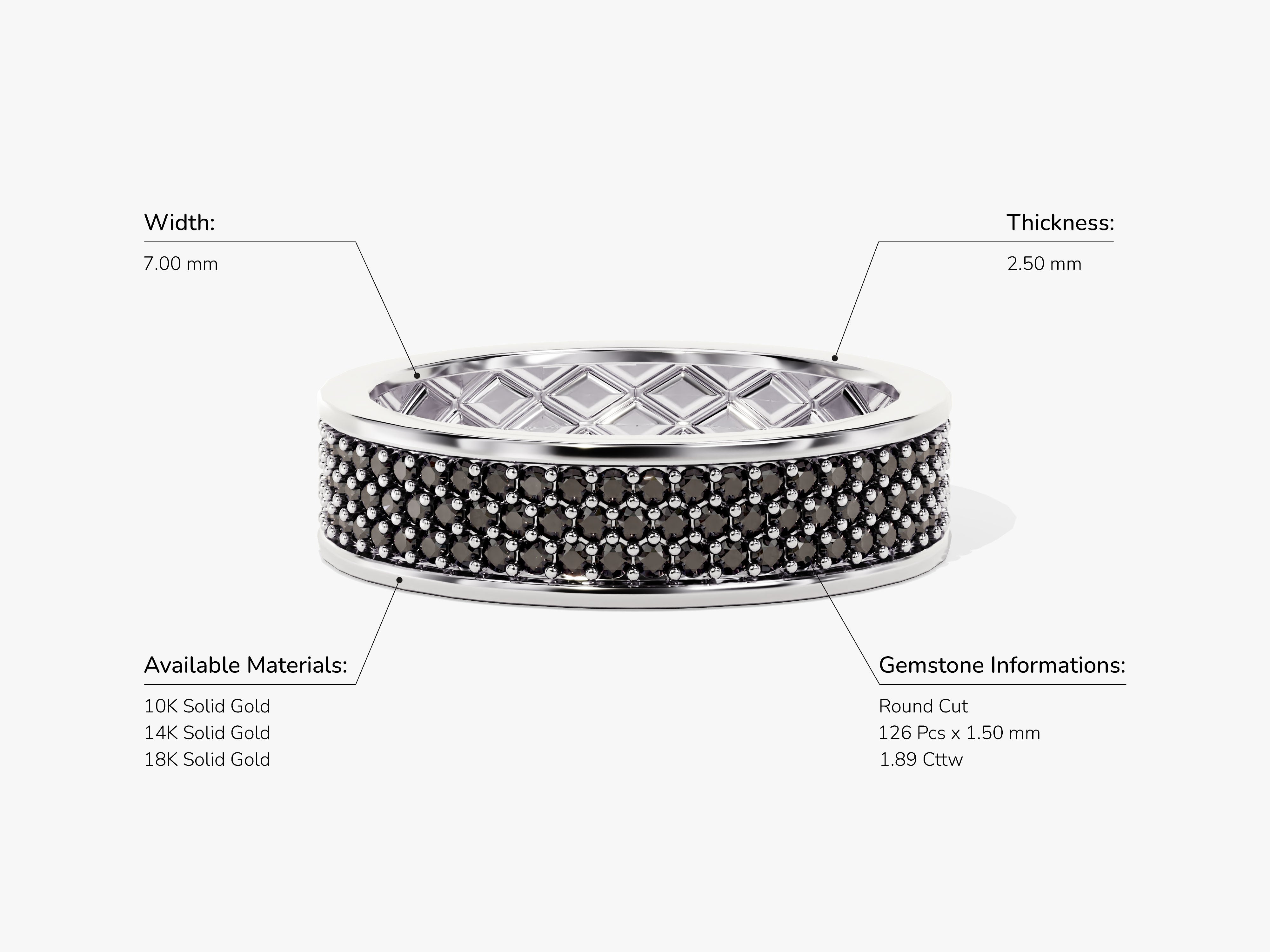 Diamond band ring with intricate detailing and specifications