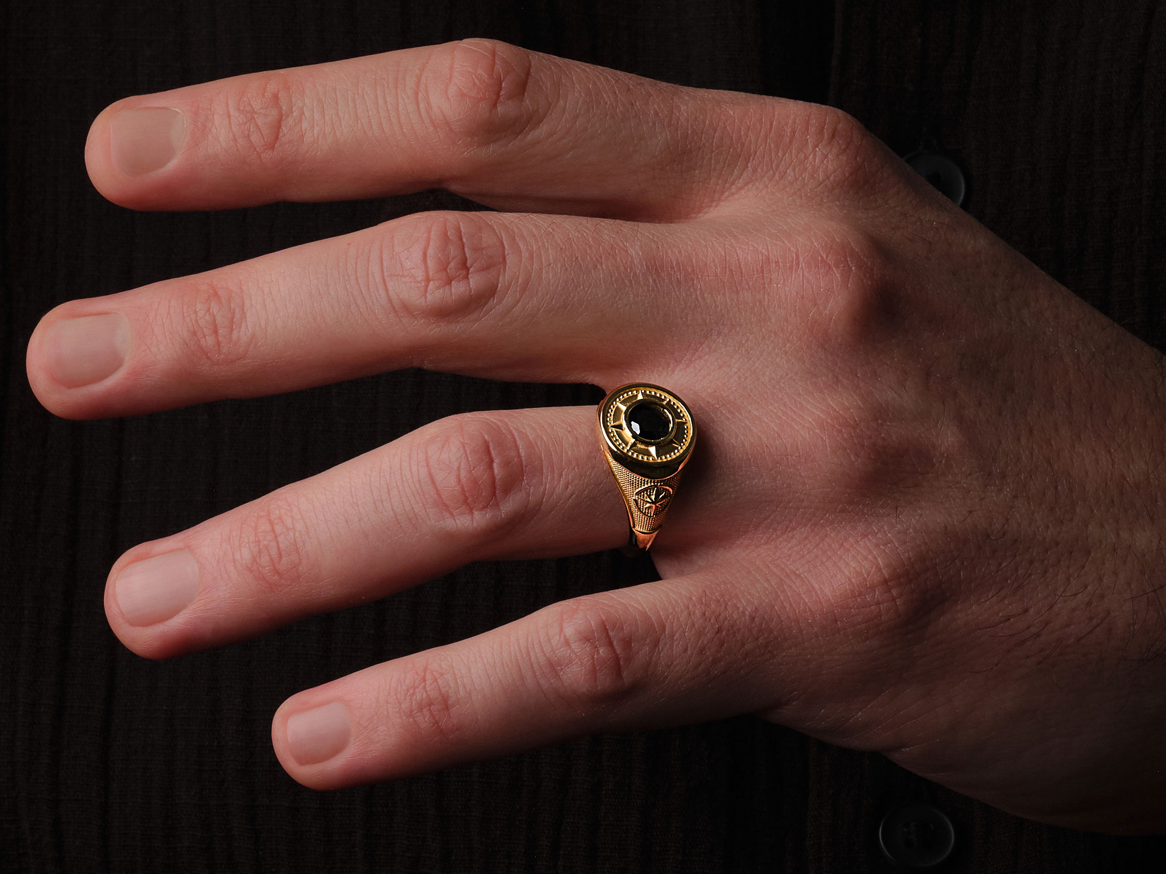 Gold signet ring with black stone, jewelry for men