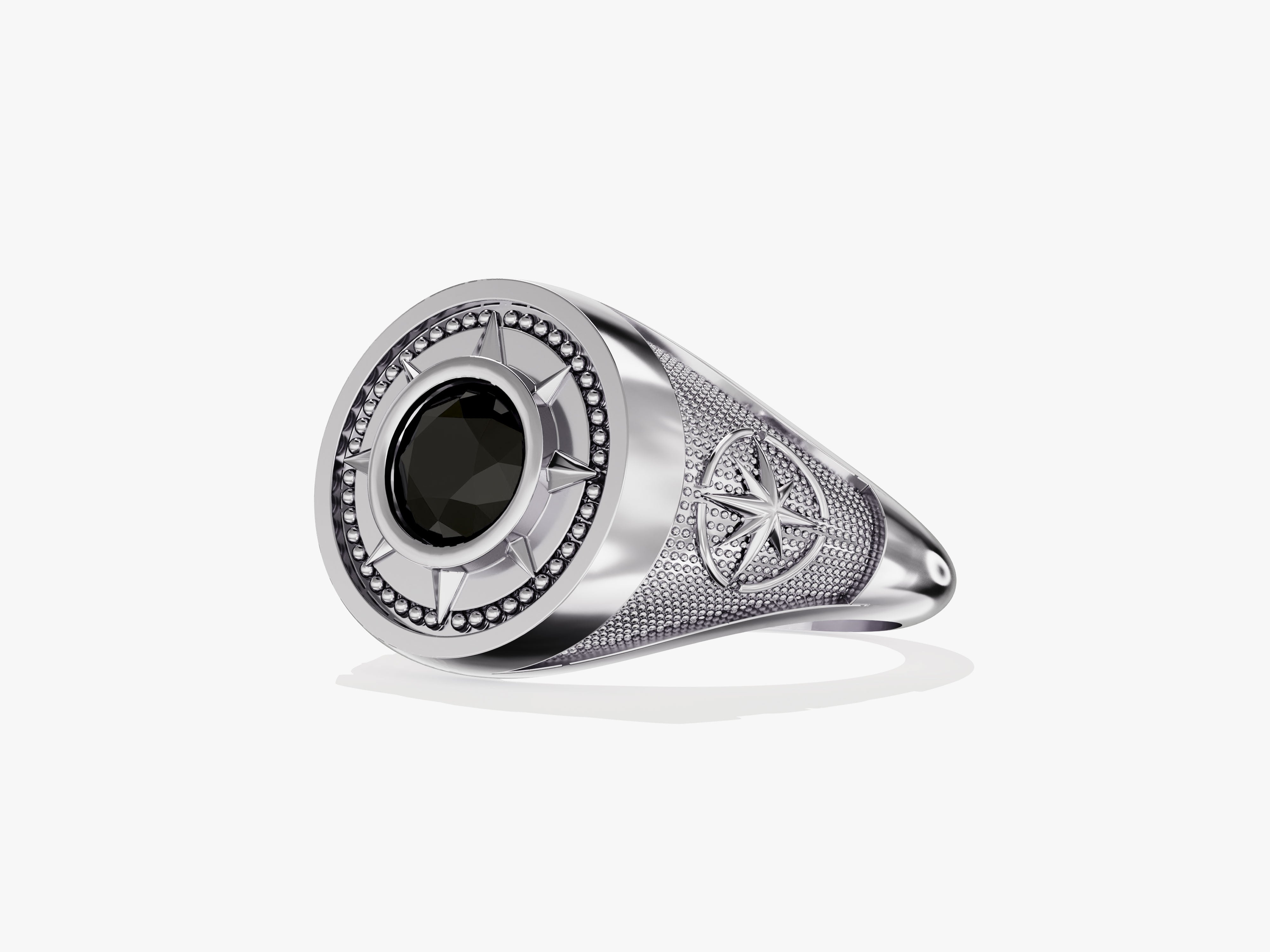 Silver compass ring with black gemstone and diamond accents