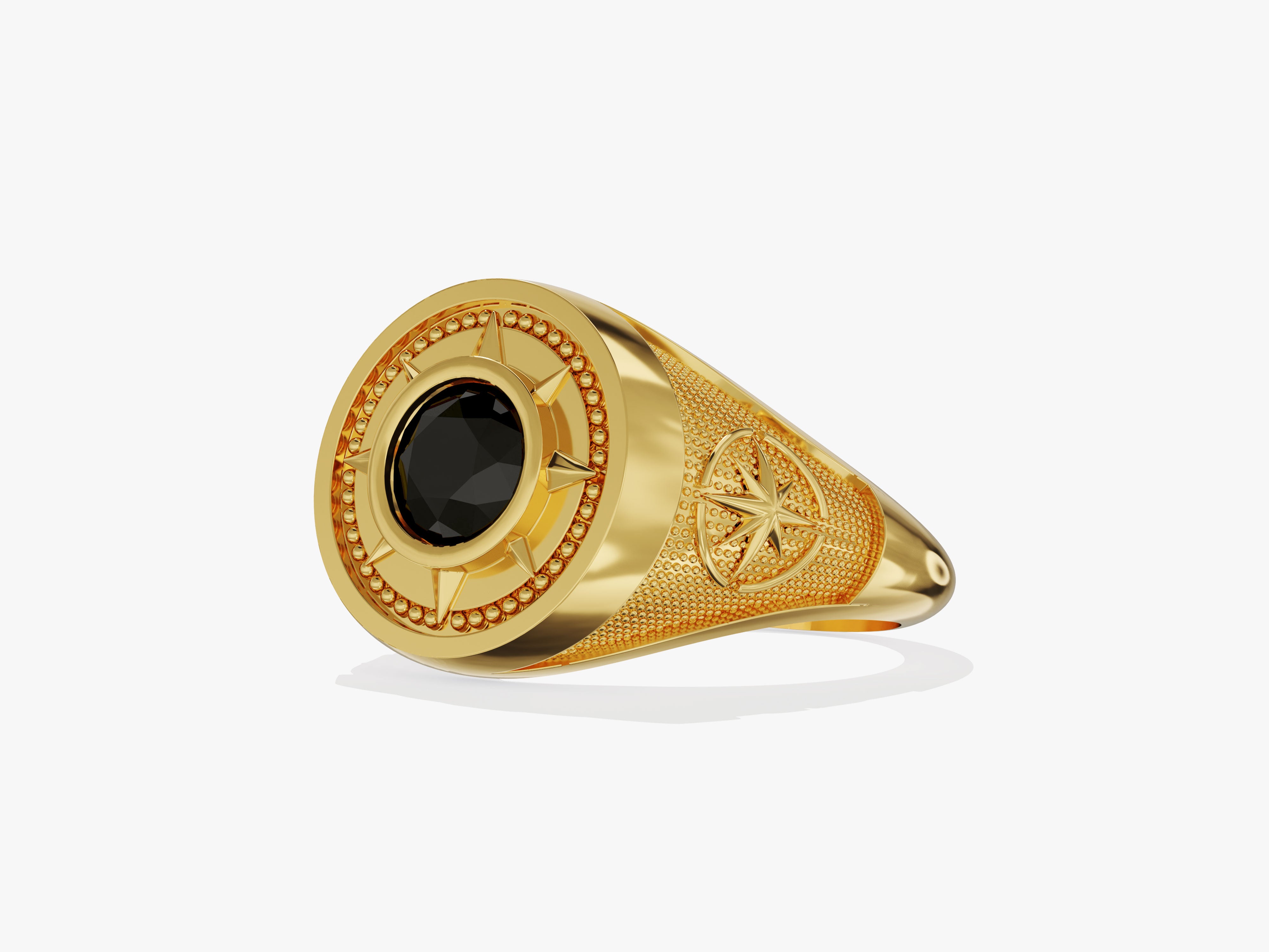 Gold compass ring with black gemstone, luxury jewelry for men