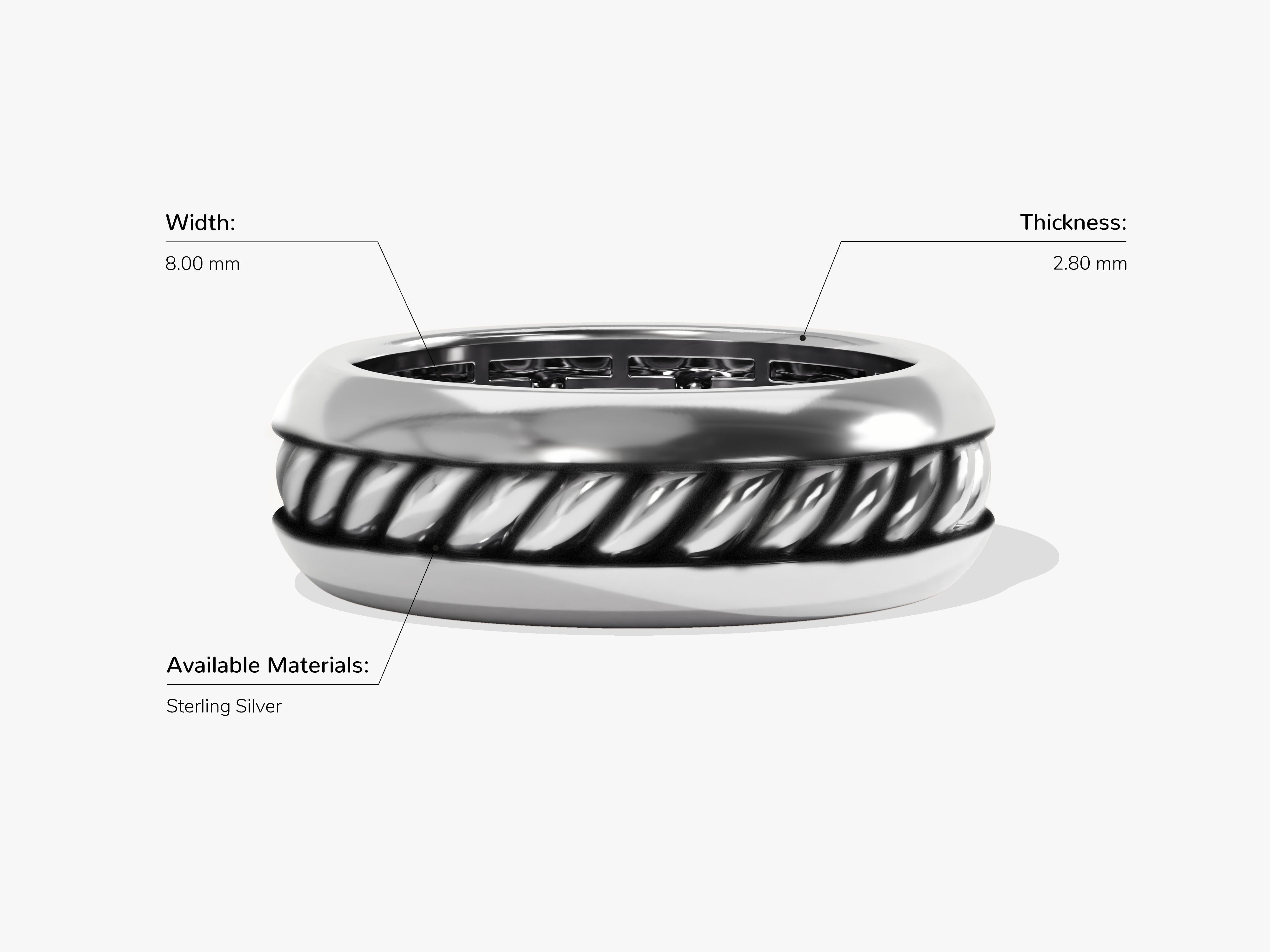 Sterling silver twisted band ring, jewelry, width 8mm, thickness 2.80mm