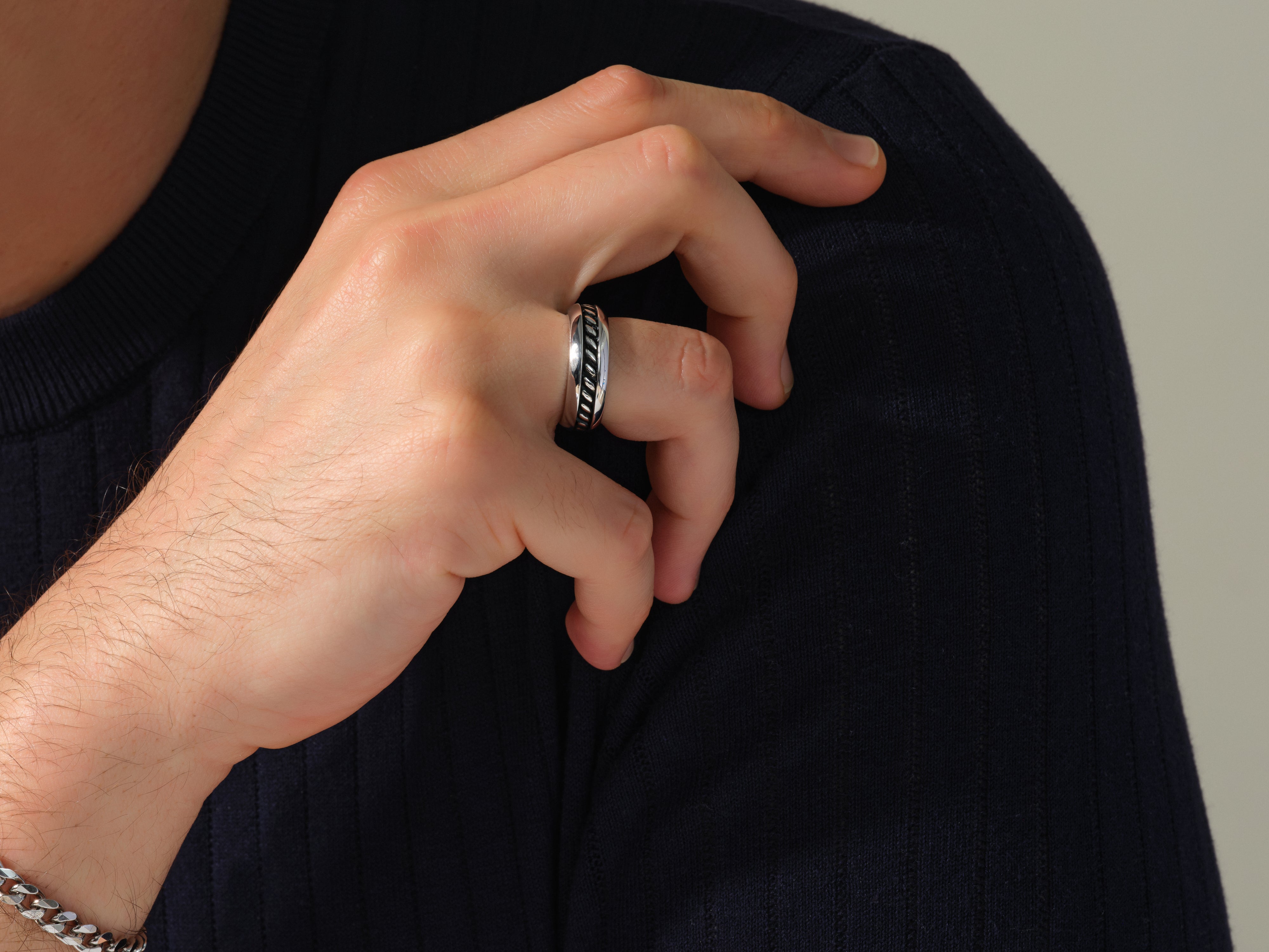 Men's silver ring with textured band, jewelry for him