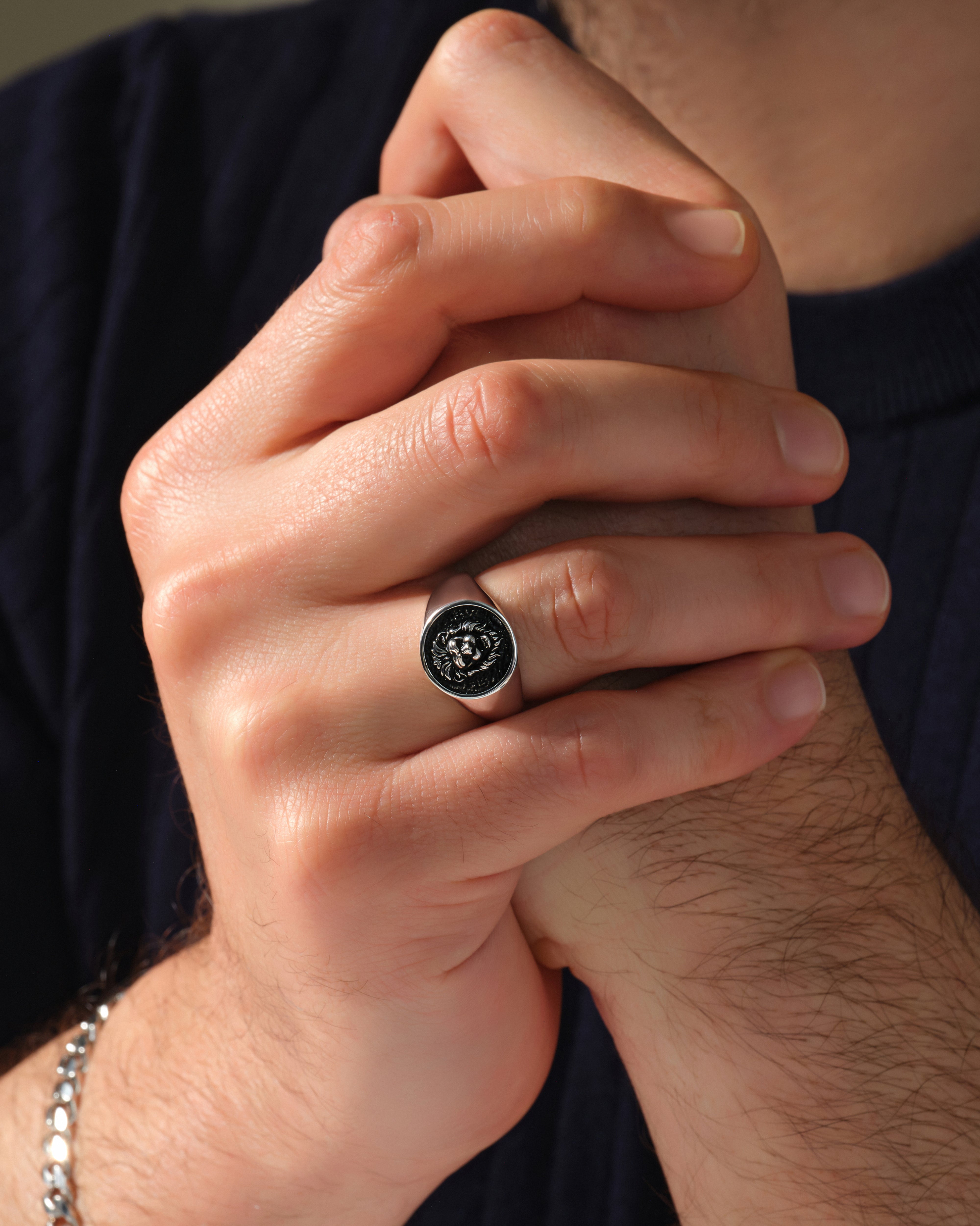 Oxidized Lion Head Signet Ring - Sterling Silver