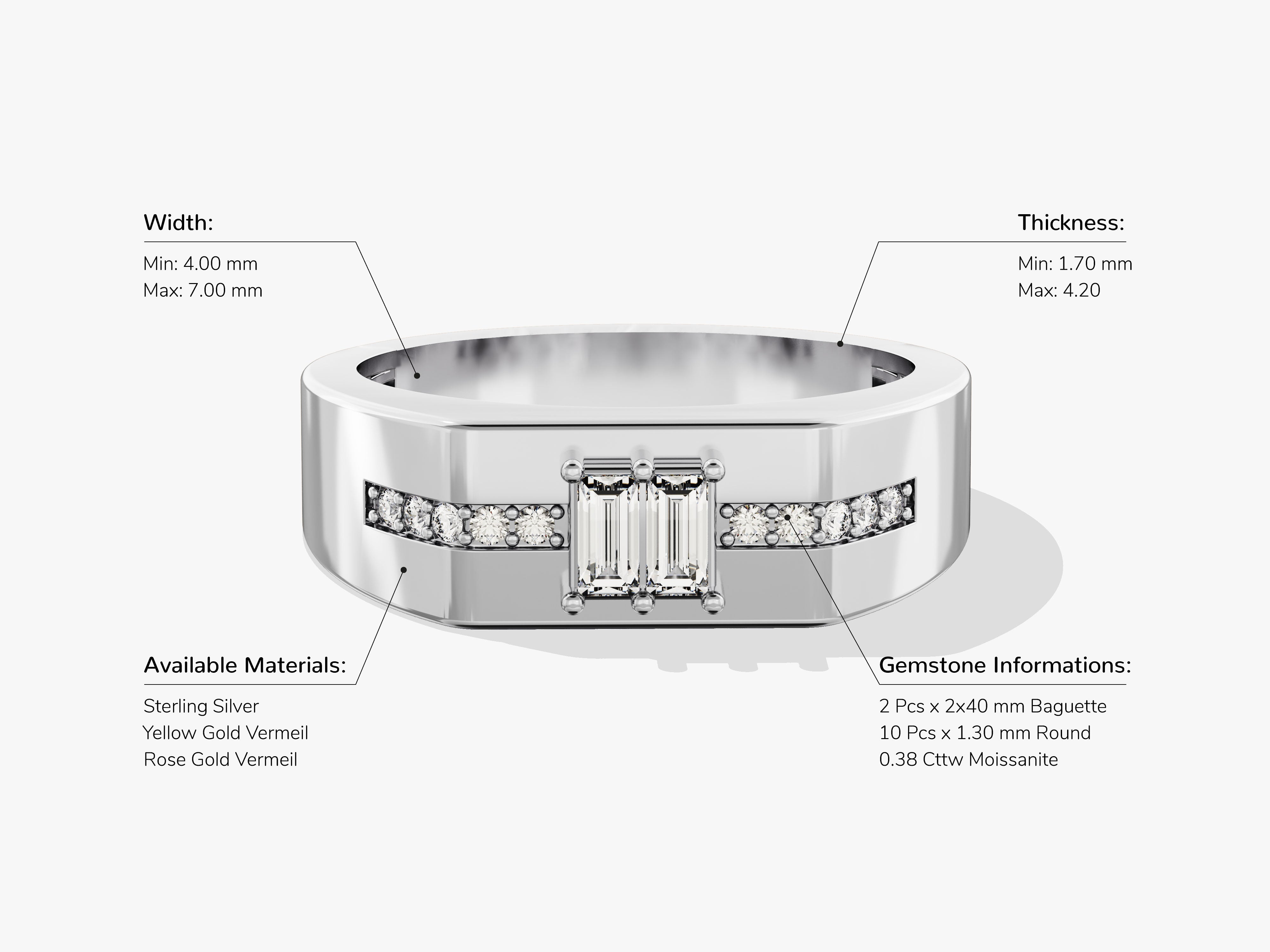 Diamond baguette and round moissanite ring in sterling silver