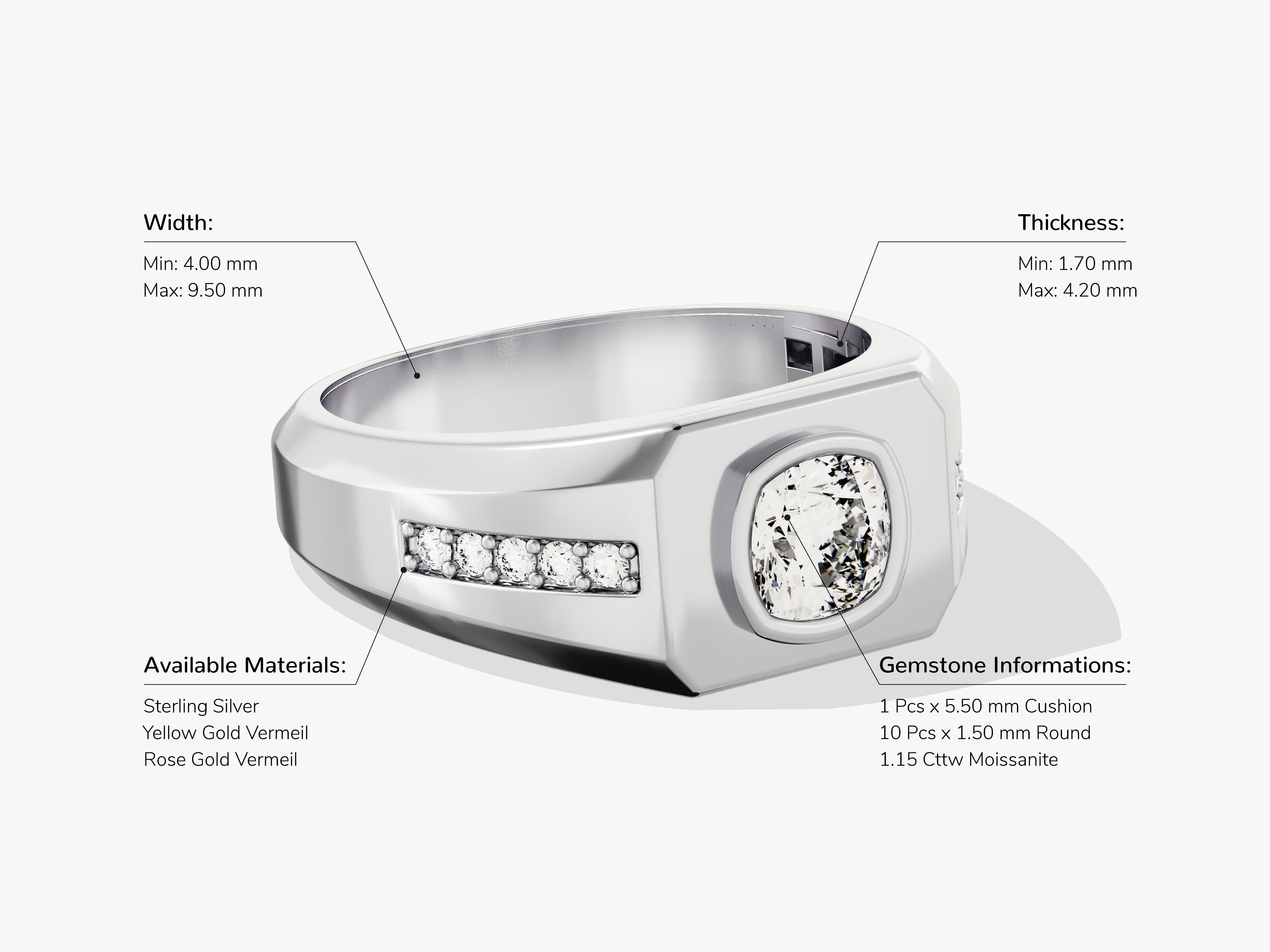 Men's cushion moissanite ring sterling silver available