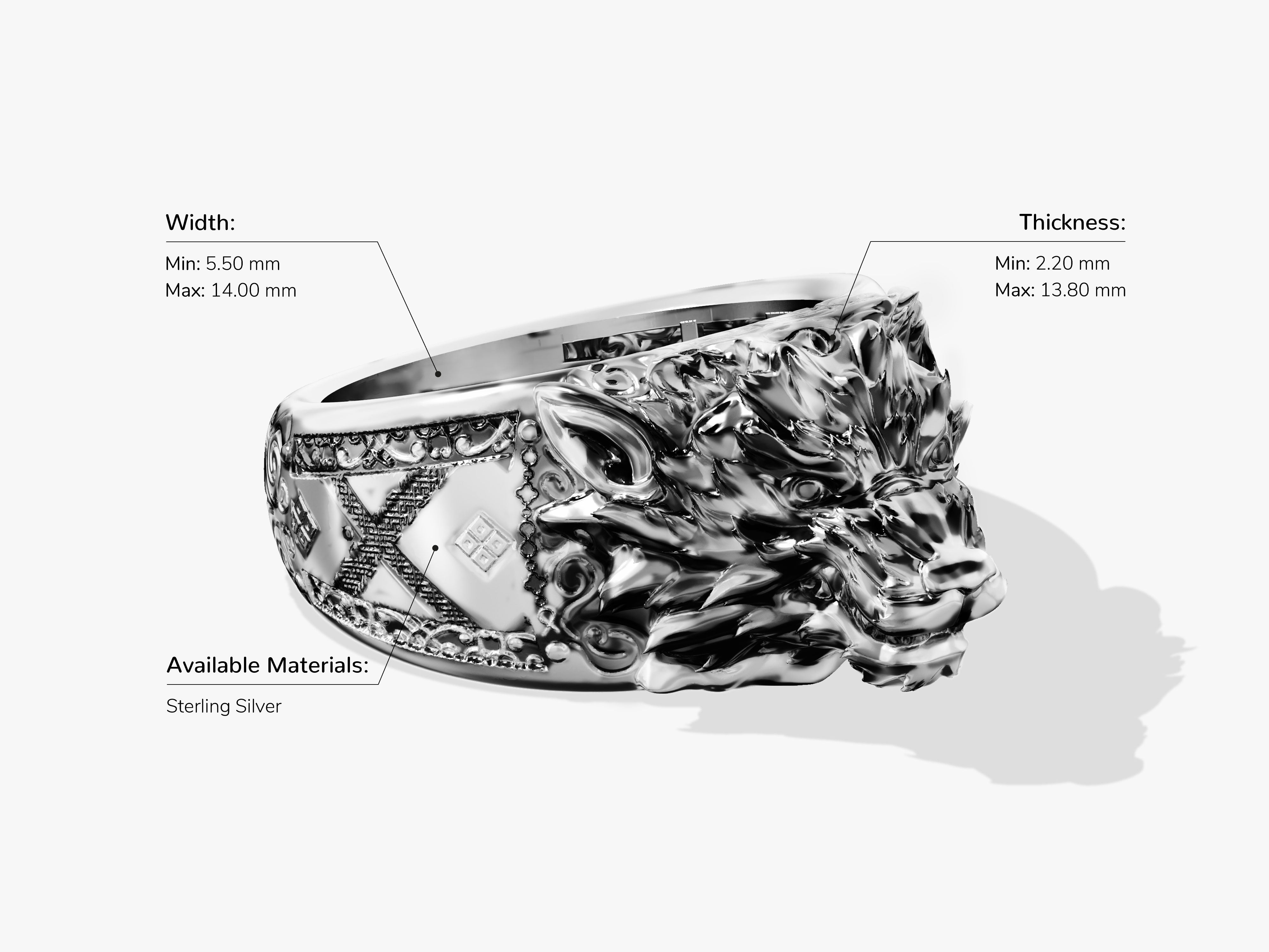 Sterling silver wolf head ring with intricate detailing and measurements