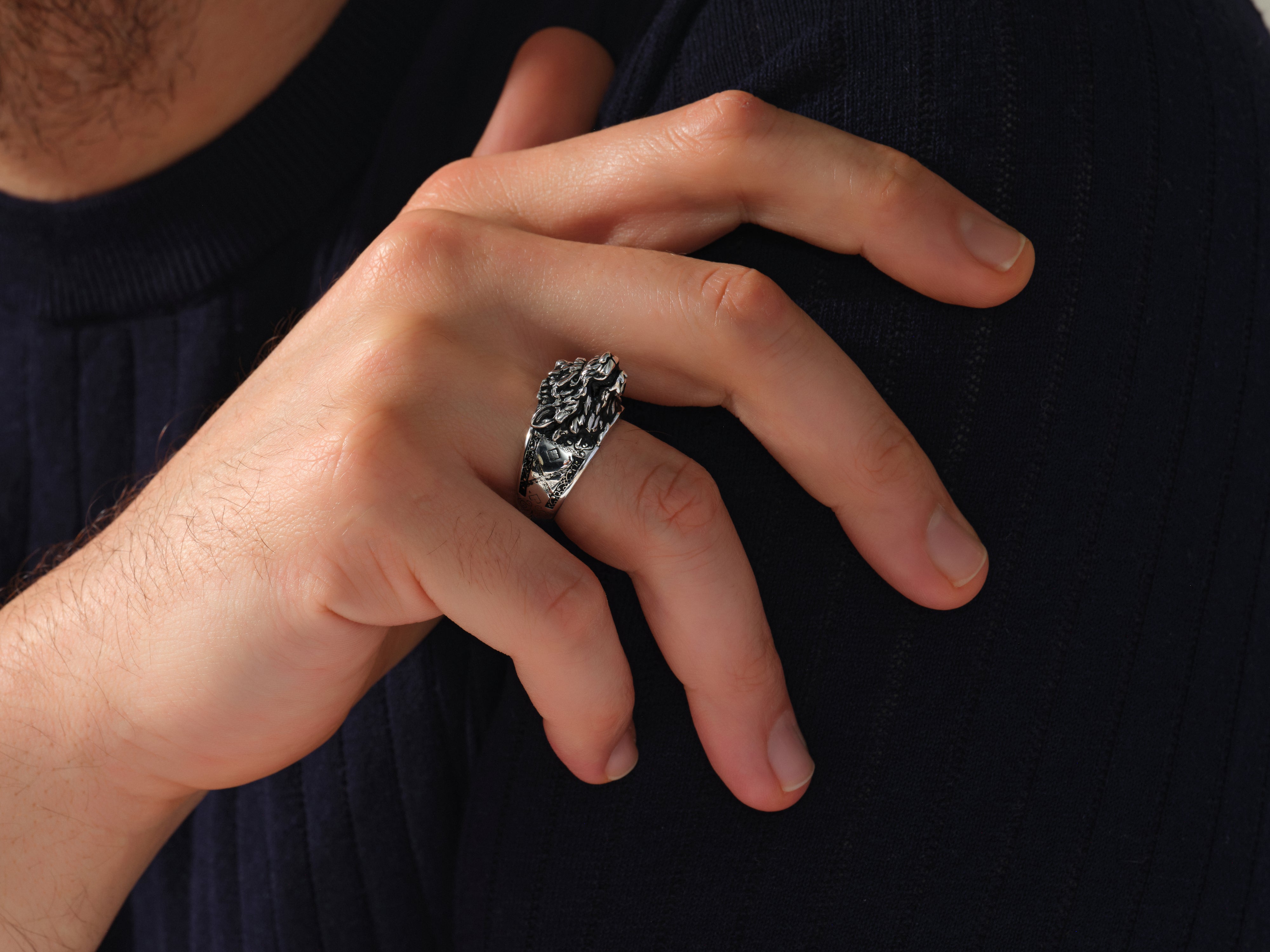 Men's silver lion ring, detailed craftsmanship, luxury jewelry