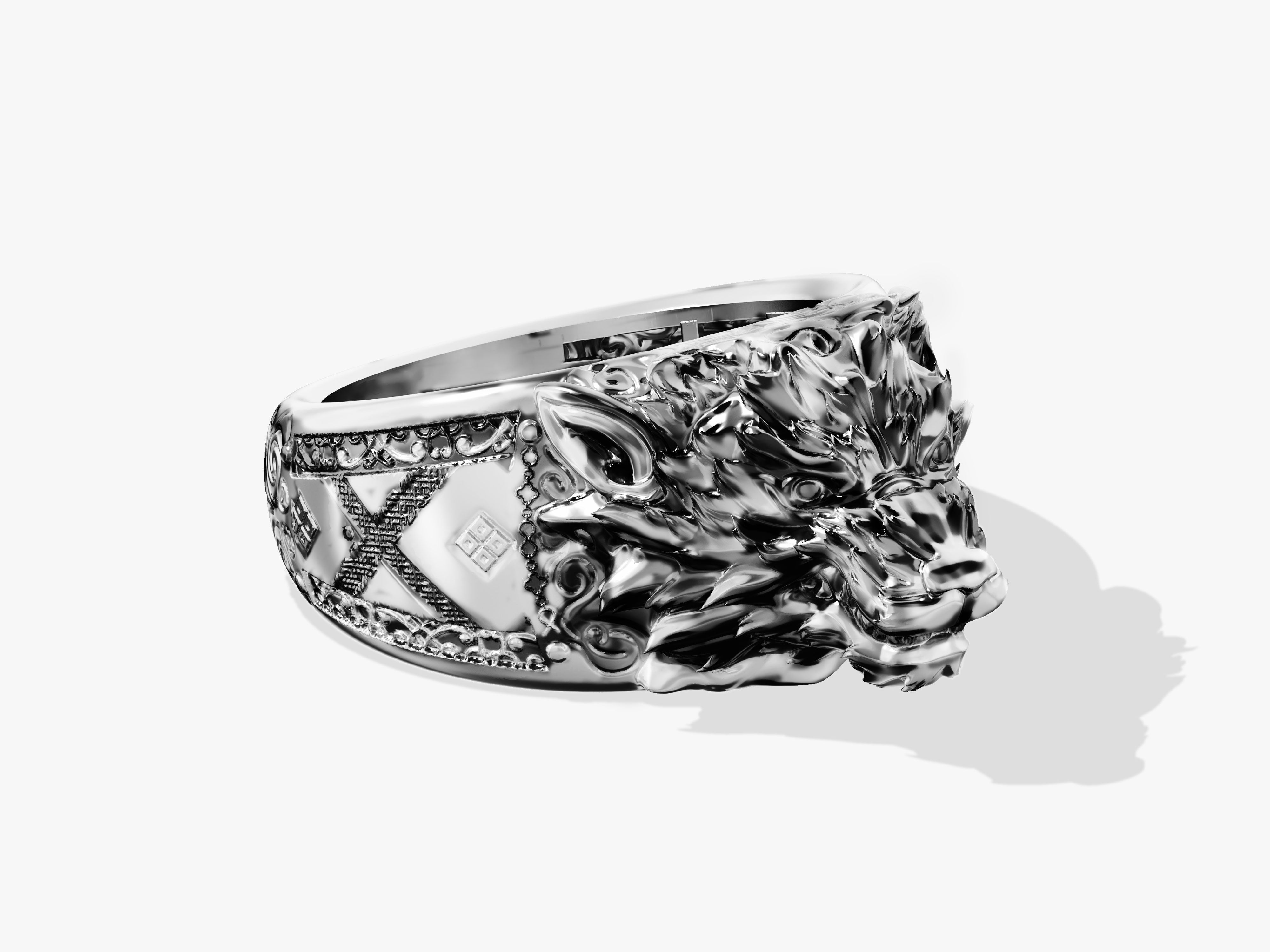 Silver wolf head ring with intricate detailing and Roman numerals