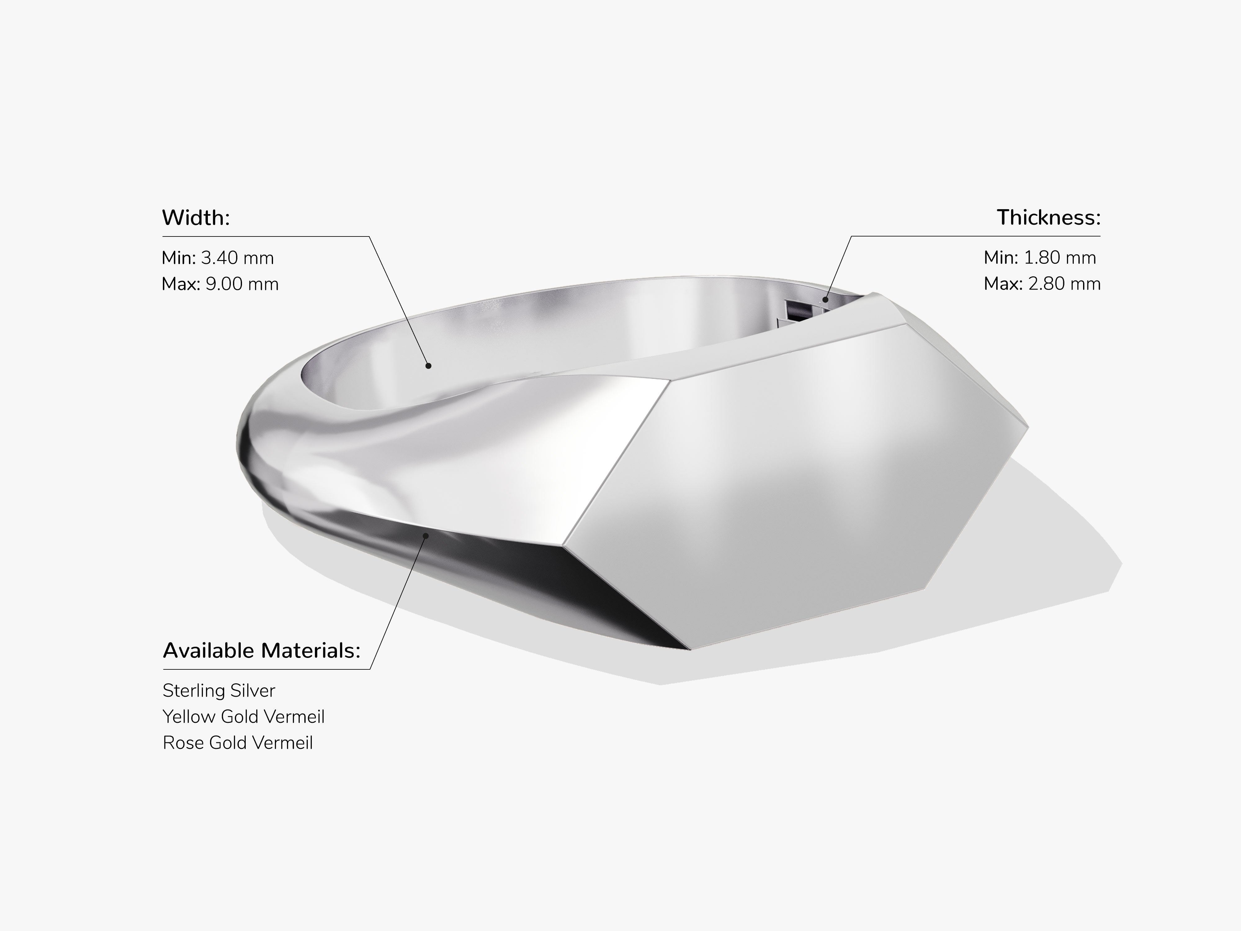 Modern geometric ring in sterling silver, gold vermeil, and rose gold vermeil