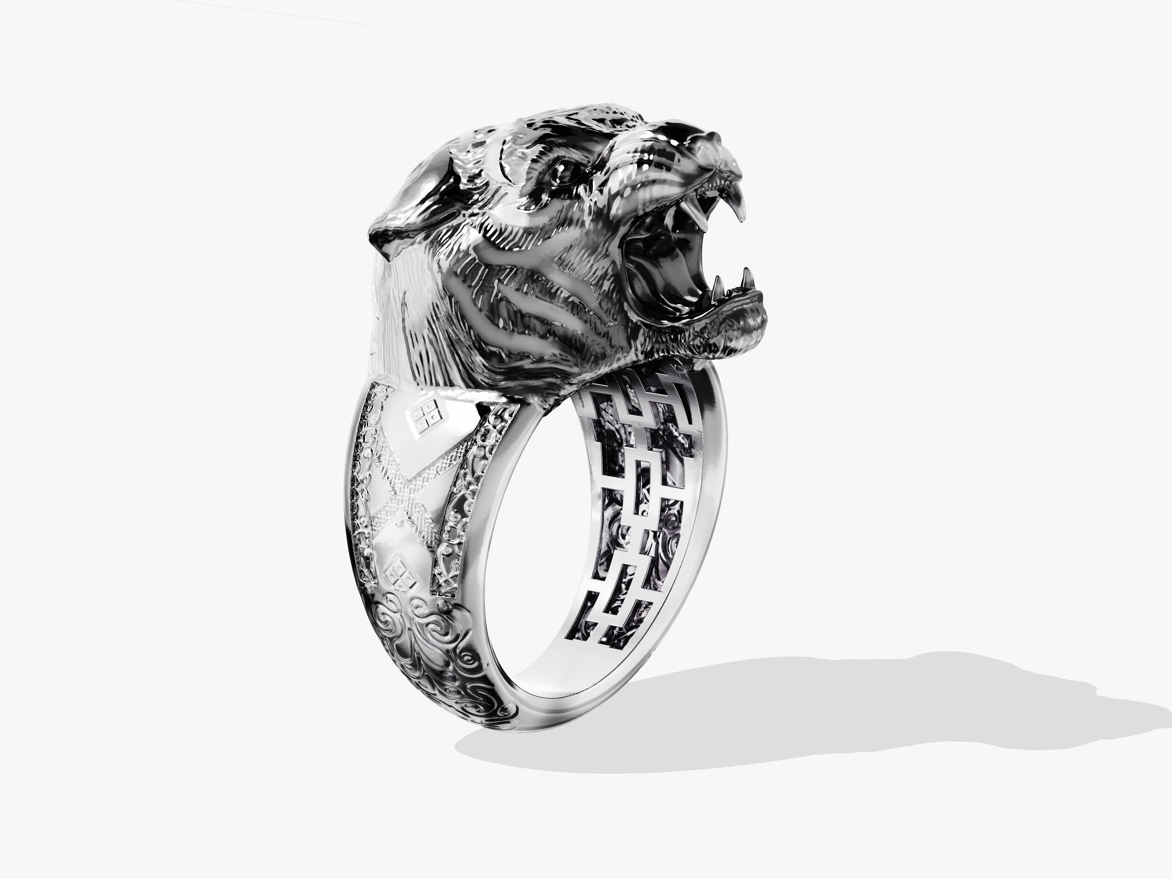 Men's roaring tiger head silver ring jewelry