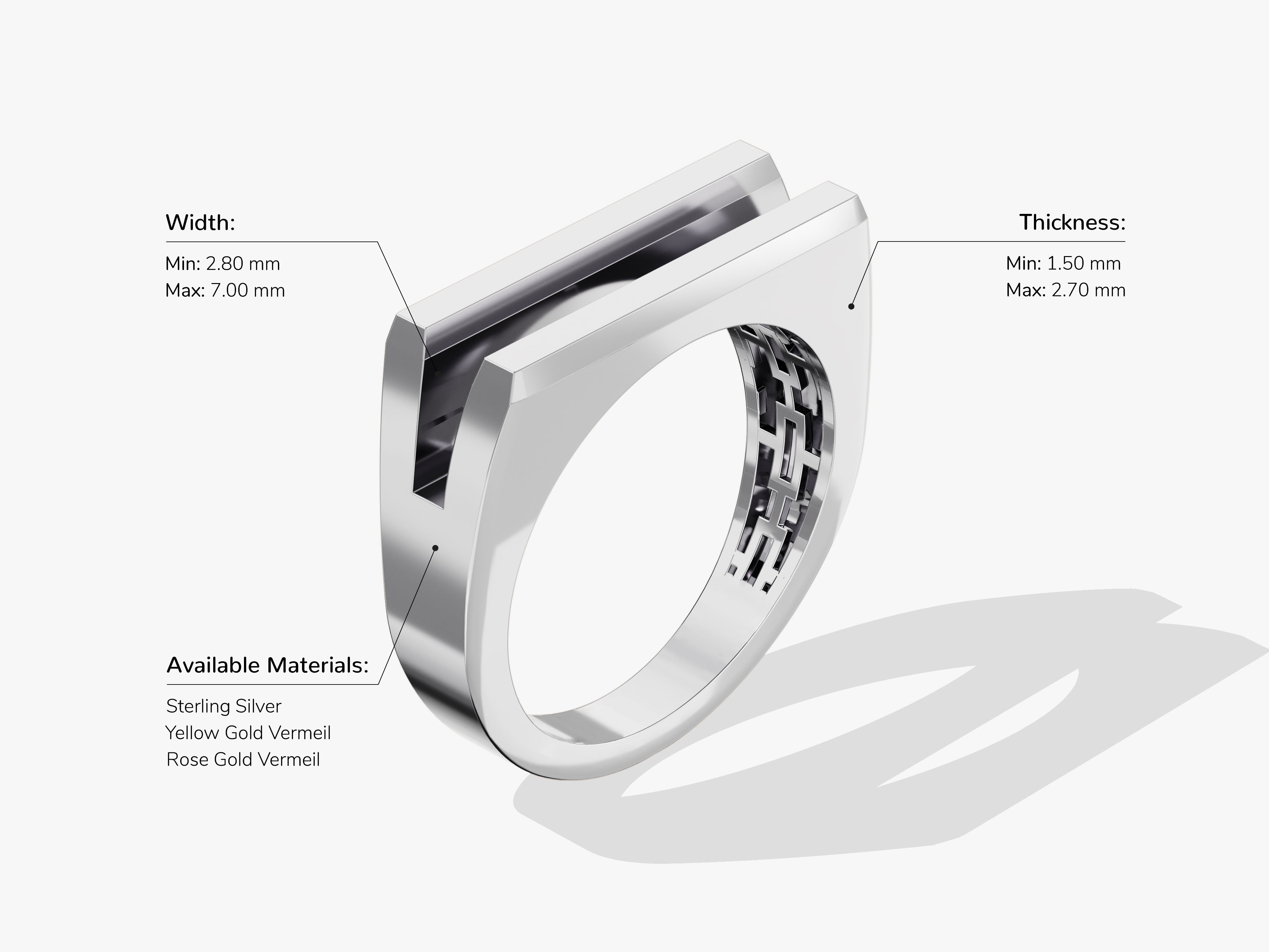 Modern sterling silver ring with geometric design and material options