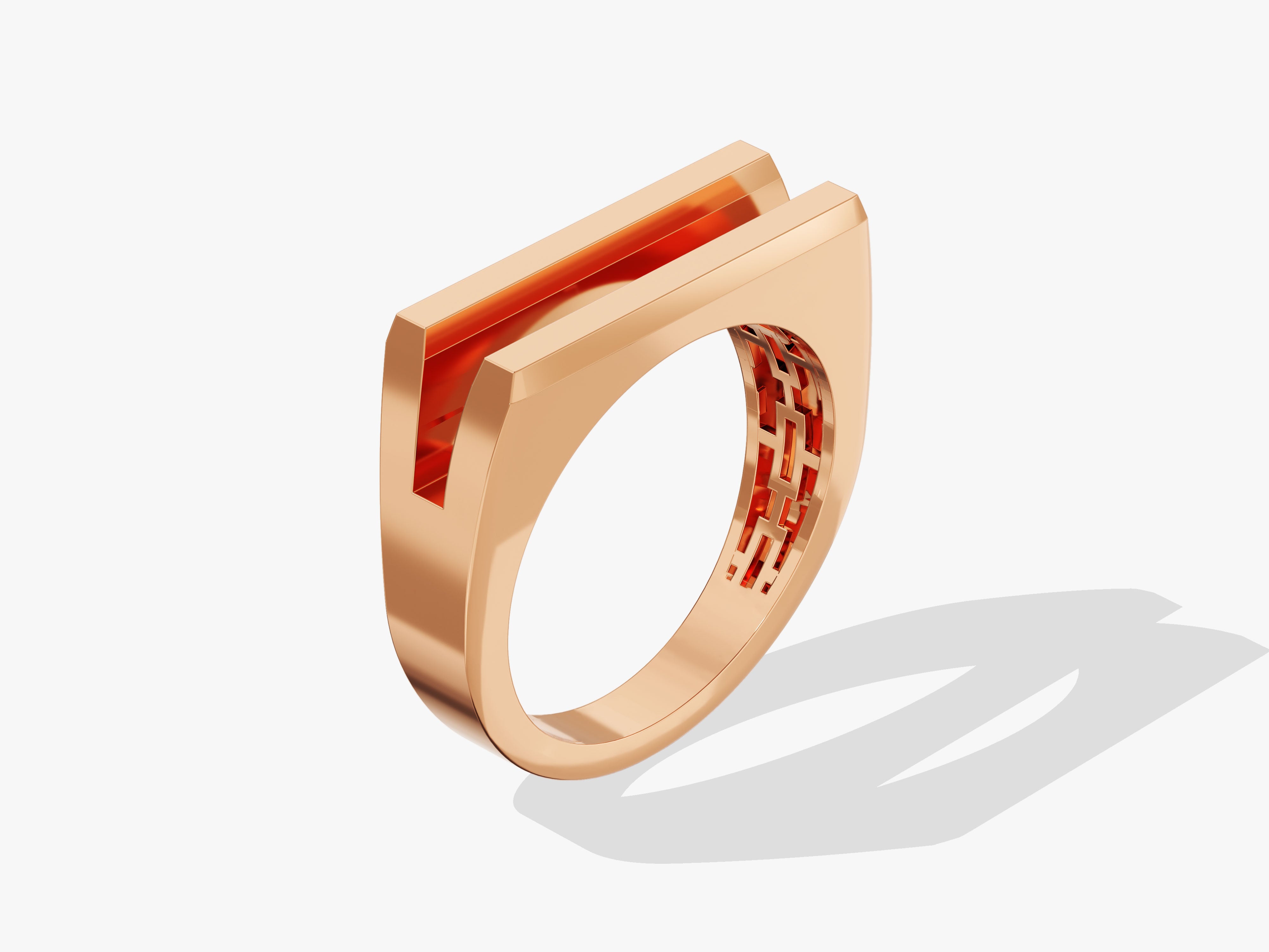 Modern rose gold ring with geometric design and orange inlay