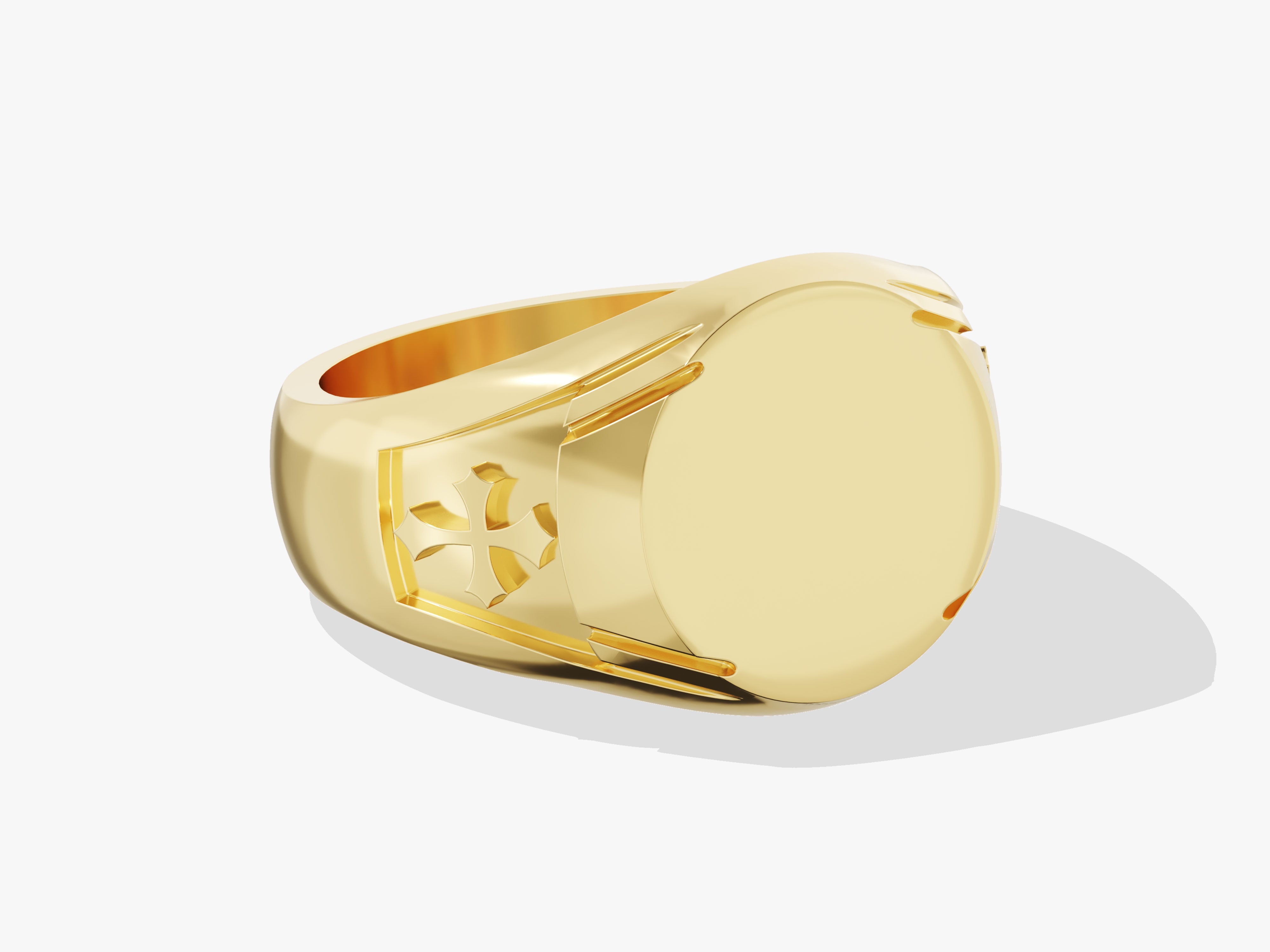 Gold signet ring with embossed cross detail, jewelry for men