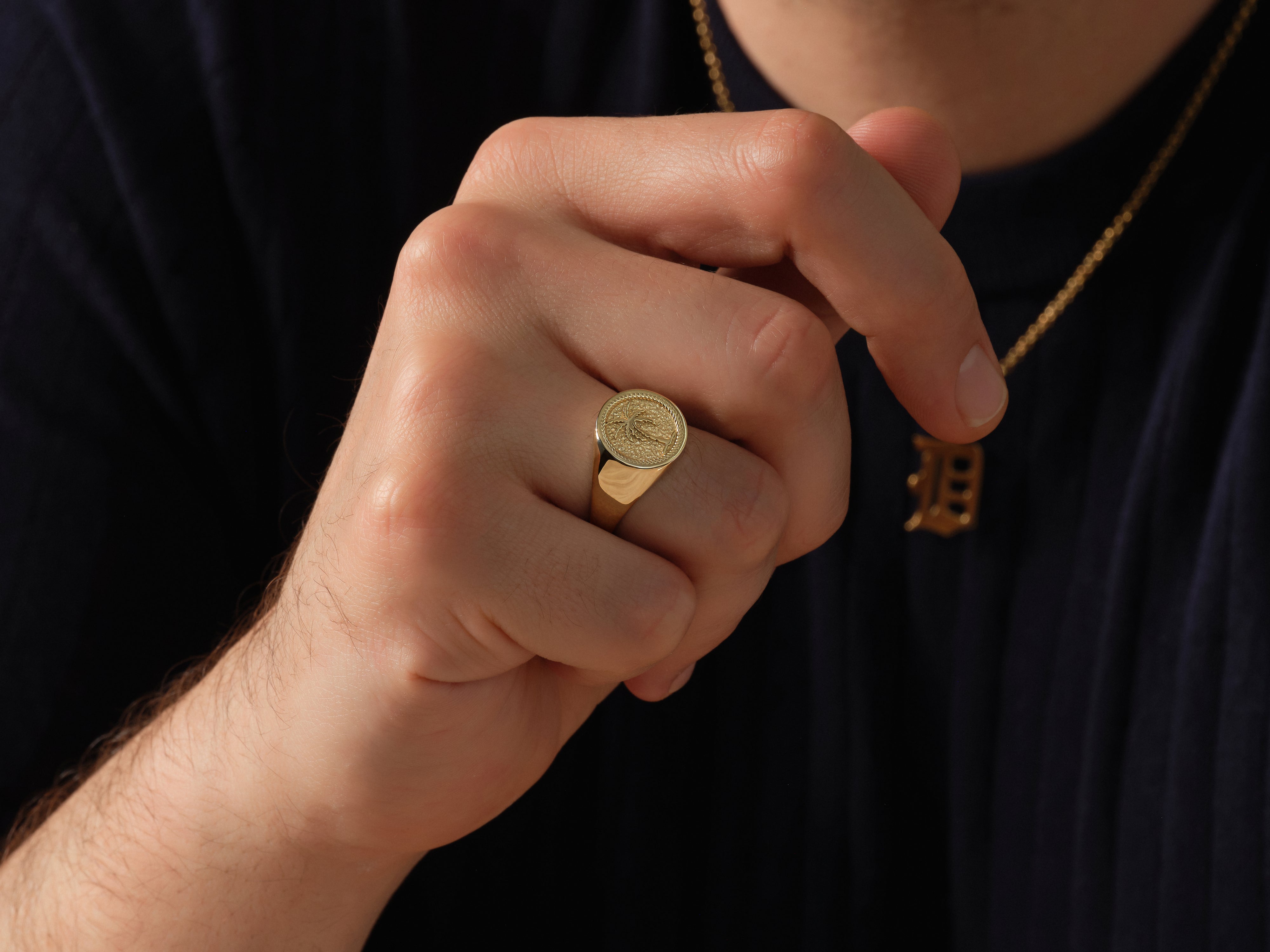 Gold signet ring and initial necklace for men's jewelry