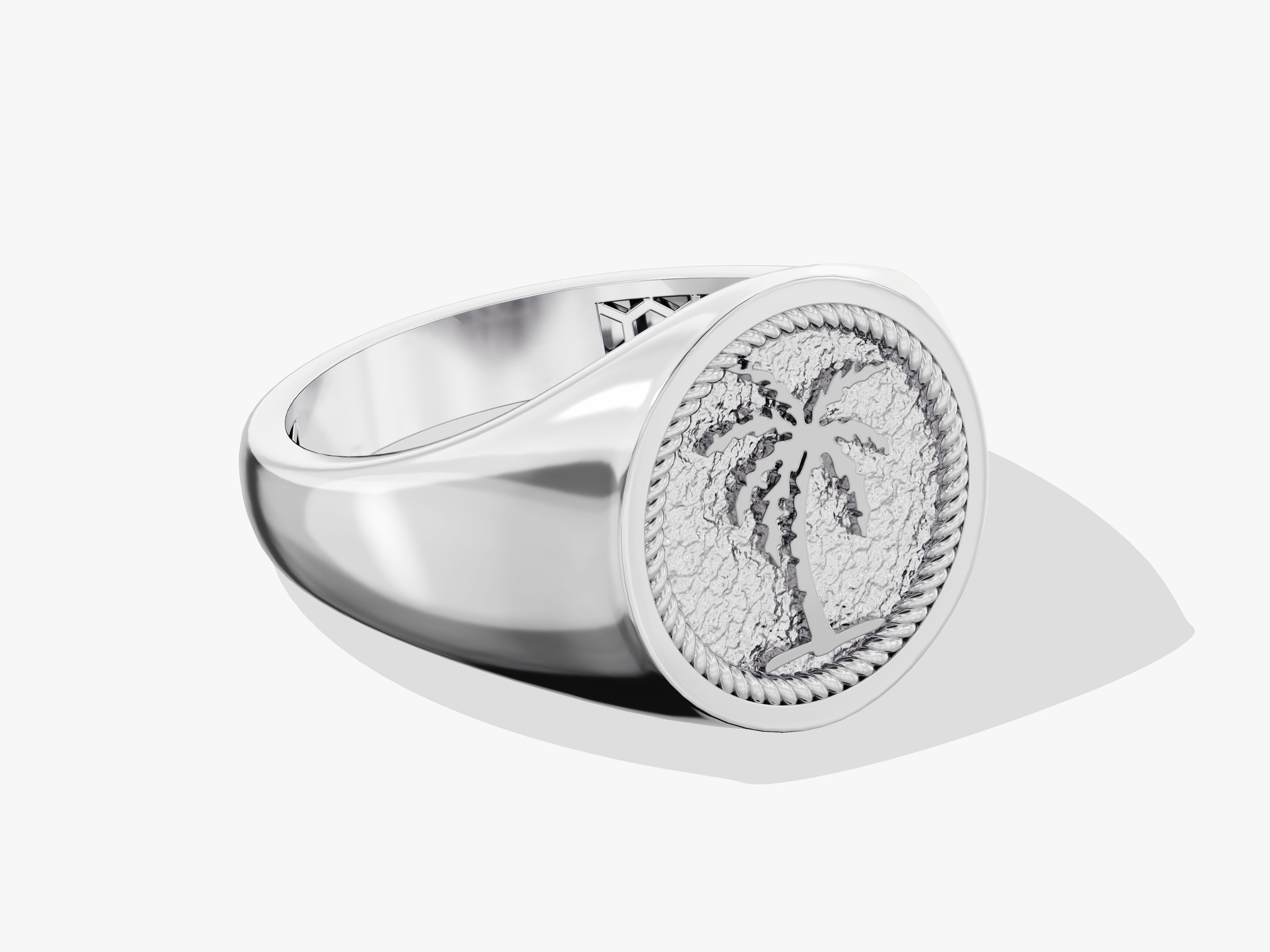 Silver signet ring with palm tree engraving, jewelry design