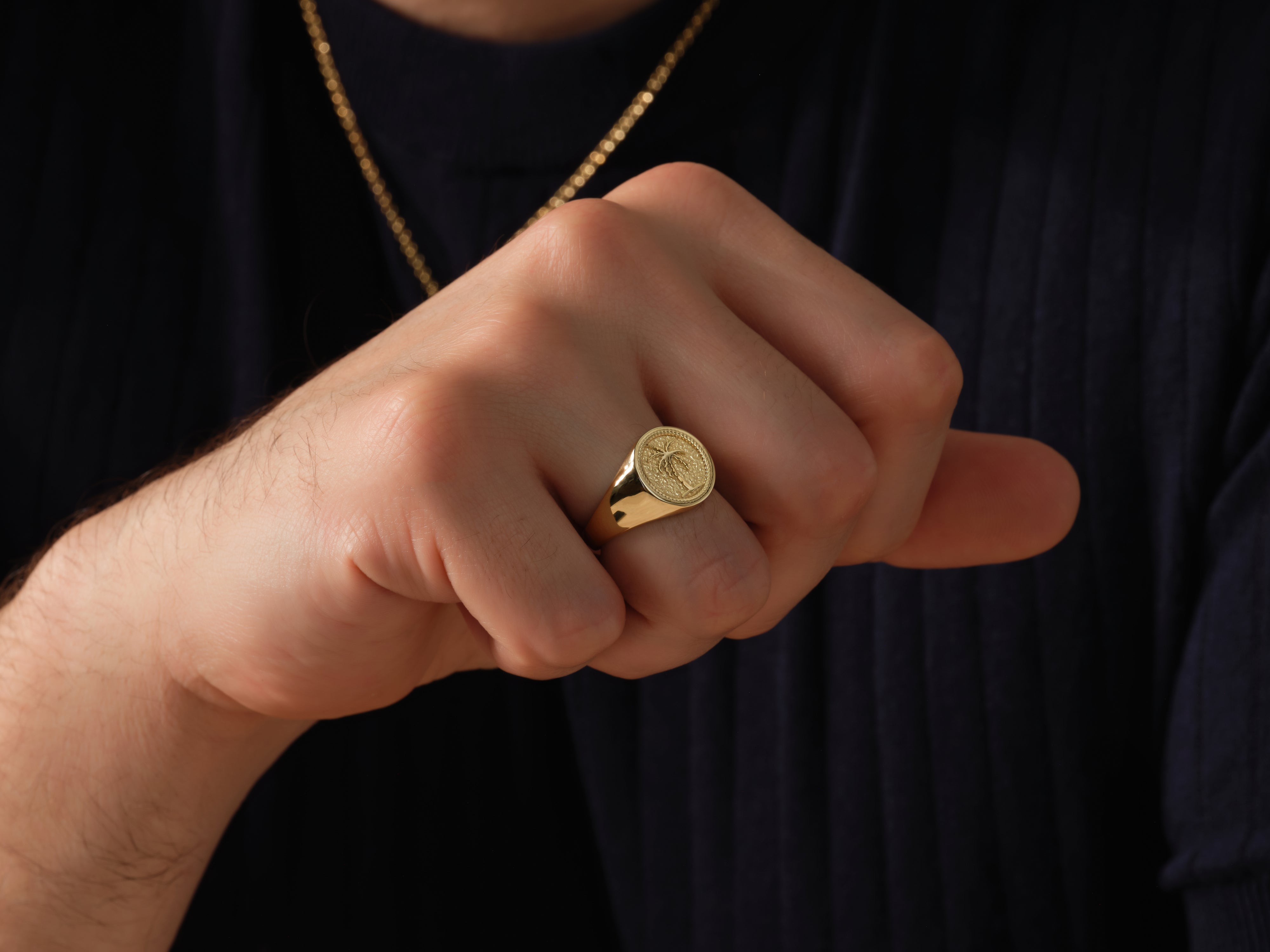 Gold signet ring with palm tree engraving, jewelry for men