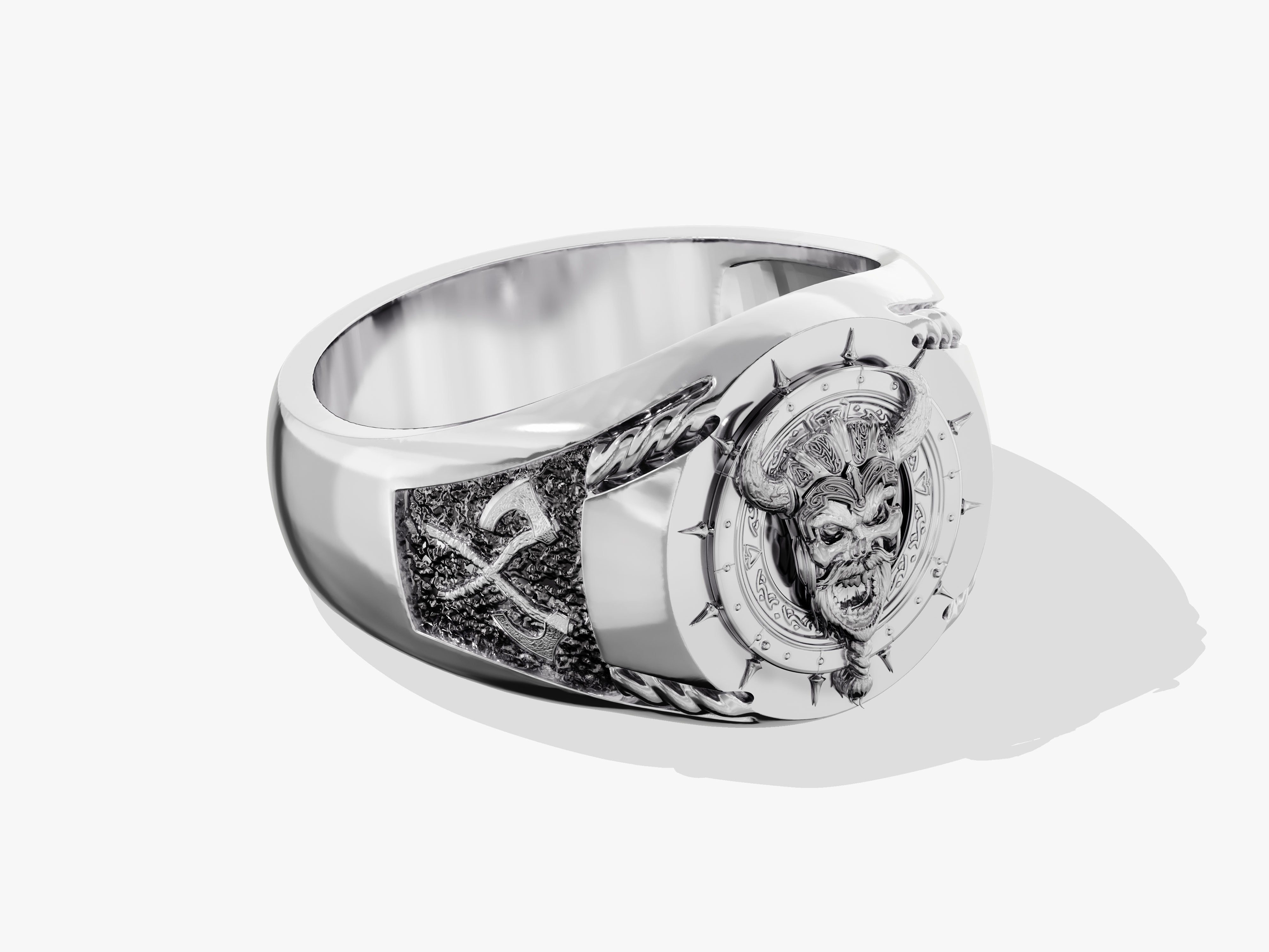 Silver Viking skull ring with crossed axes, jewelry for men