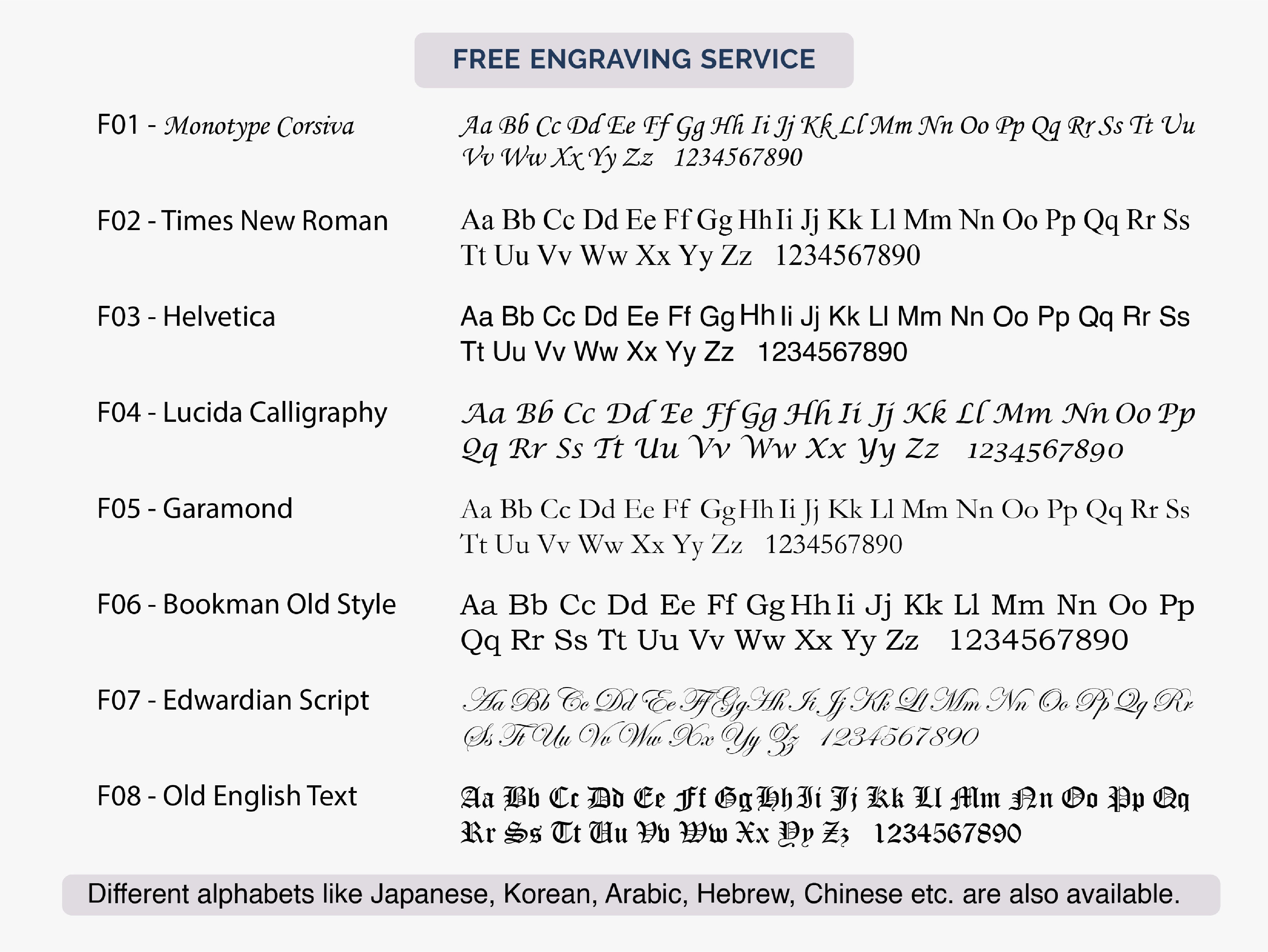 Jewelry engraving fonts: Monotype, Times New Roman, Helvetica, Garamond, Old English
