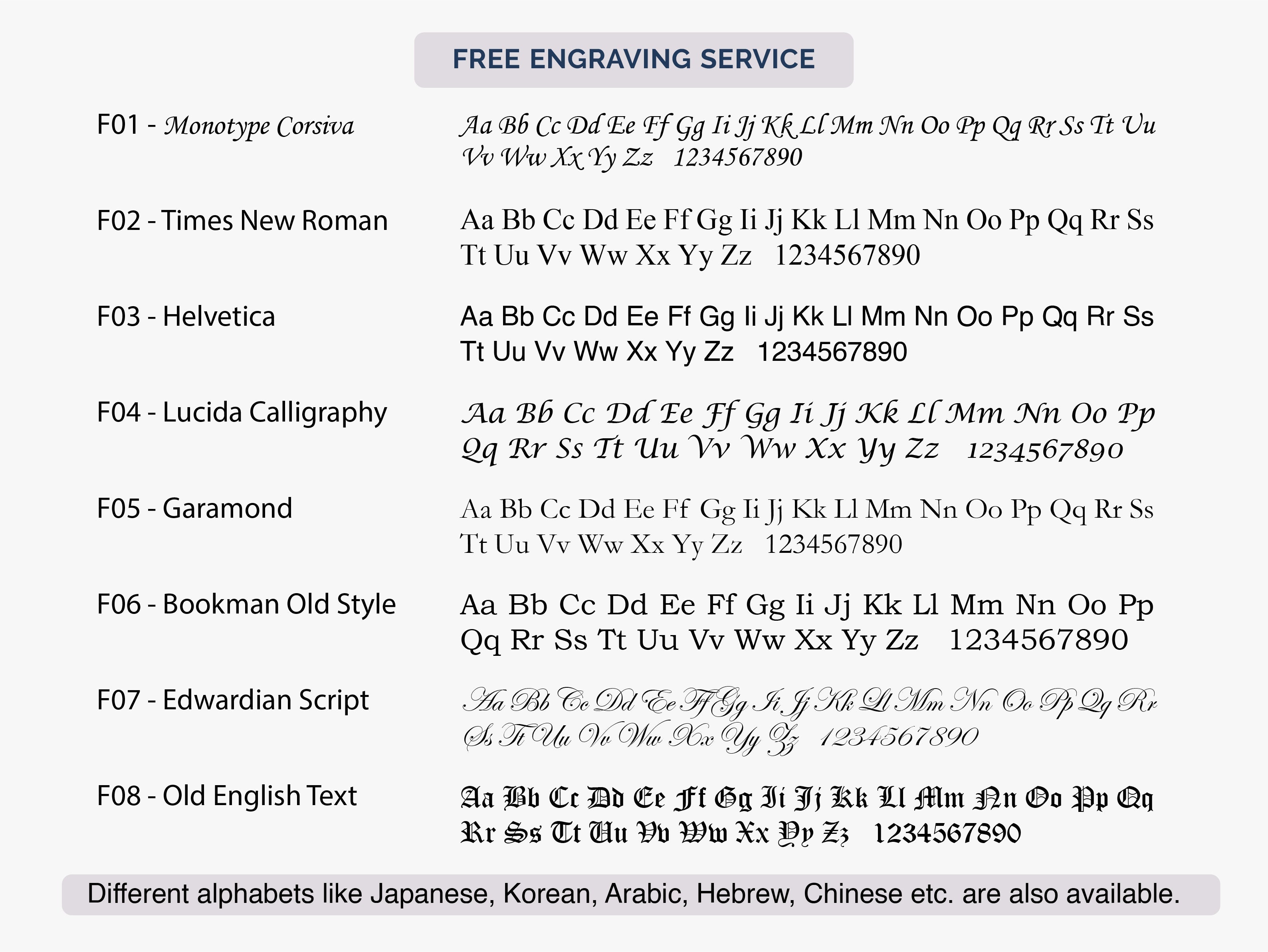 Jewelry engraving font options with free service