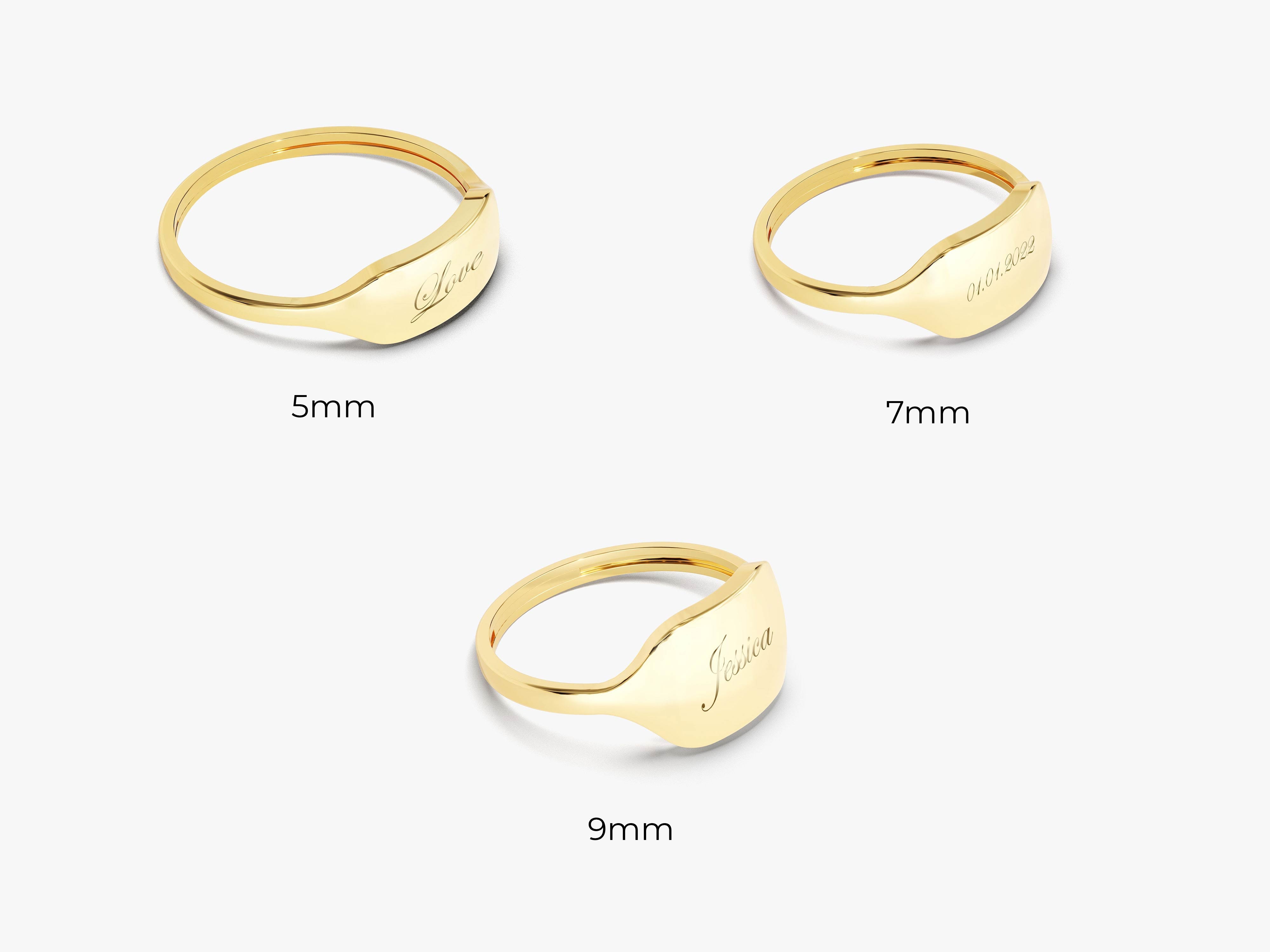 Gold signet rings with custom engraving, available in 5mm, 7mm, and 9mm