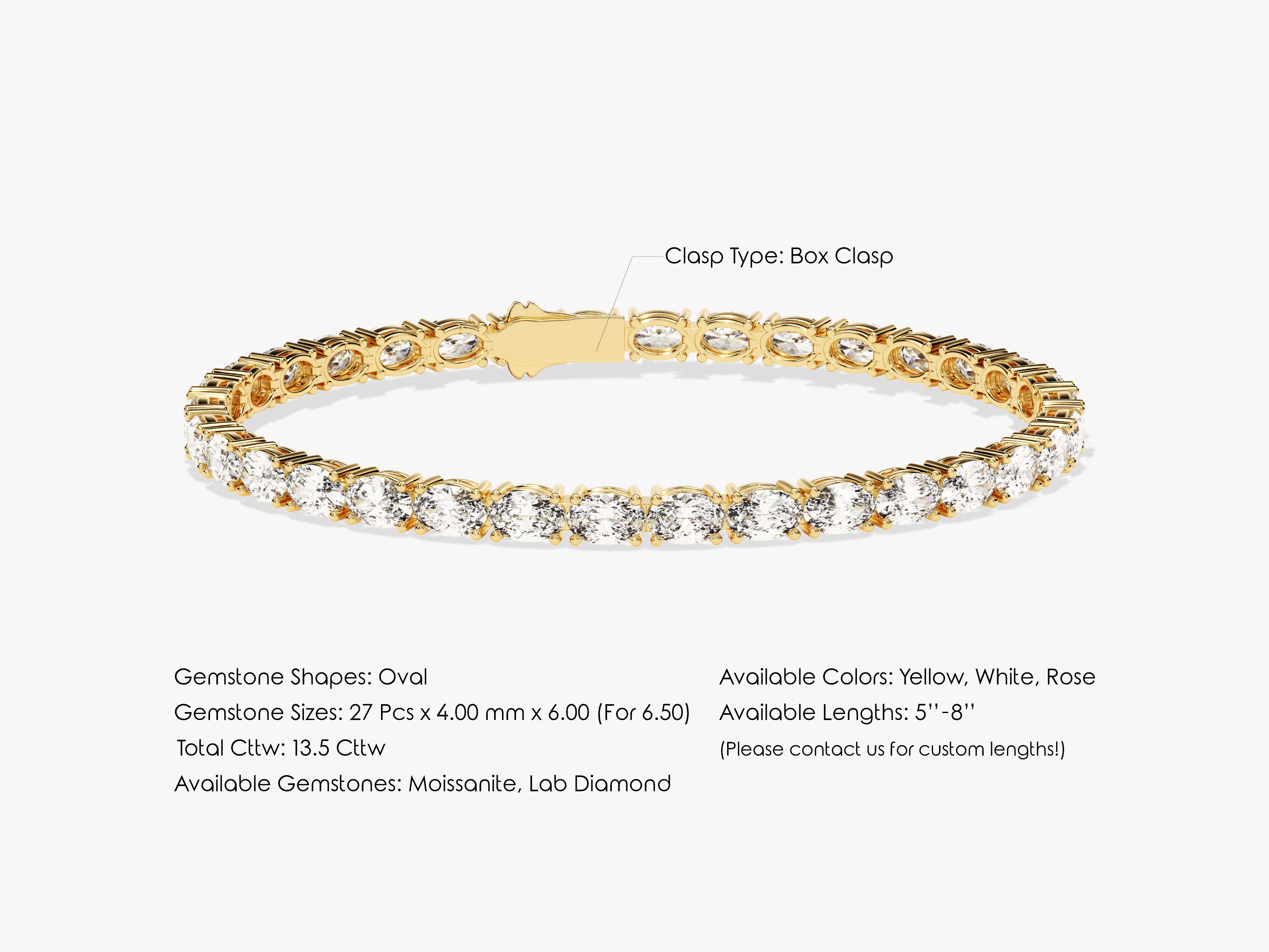 Gold oval moissanite diamond tennis bracelet with box clasp