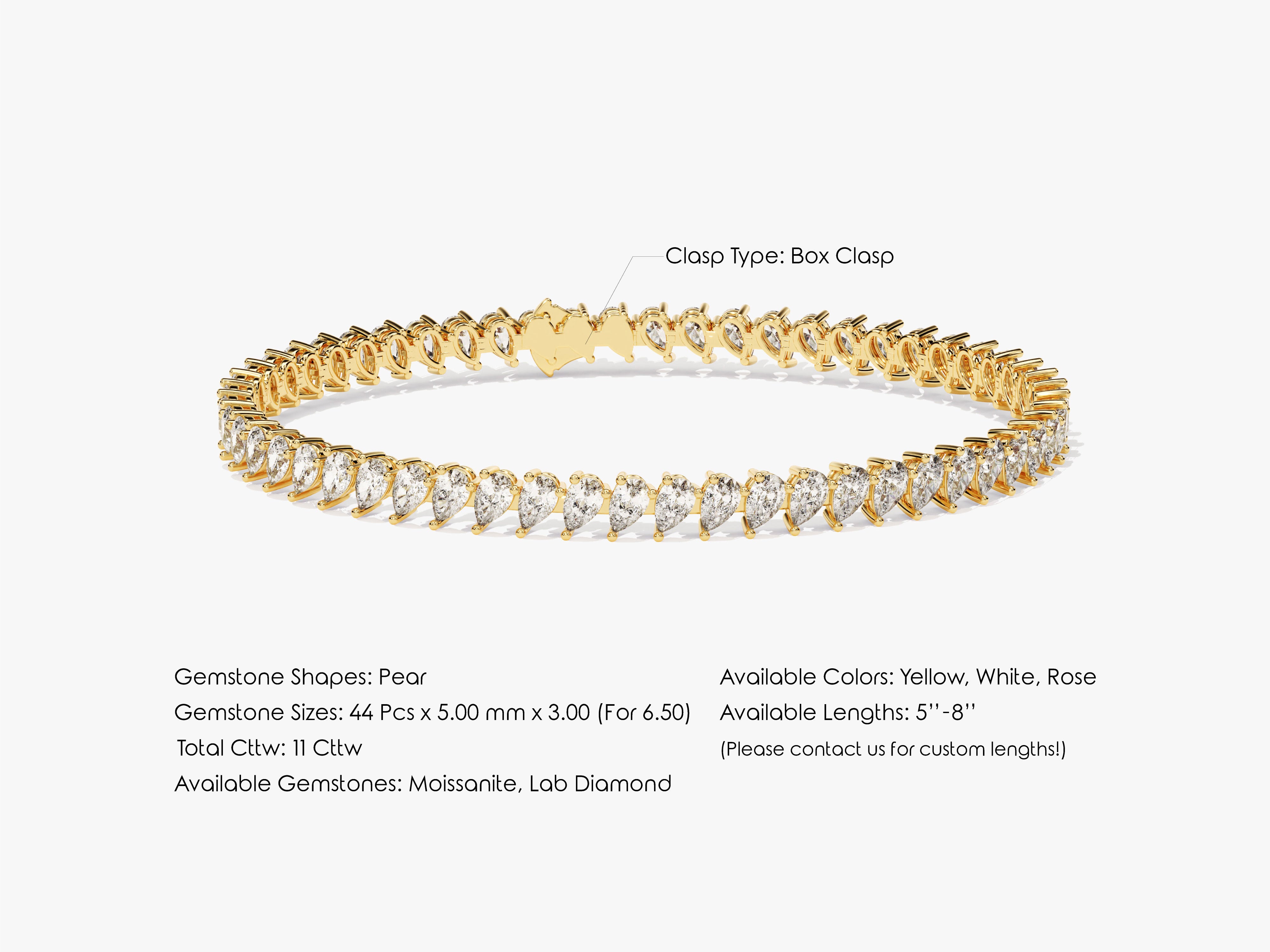 Gold pear moissanite tennis bracelet with box clasp