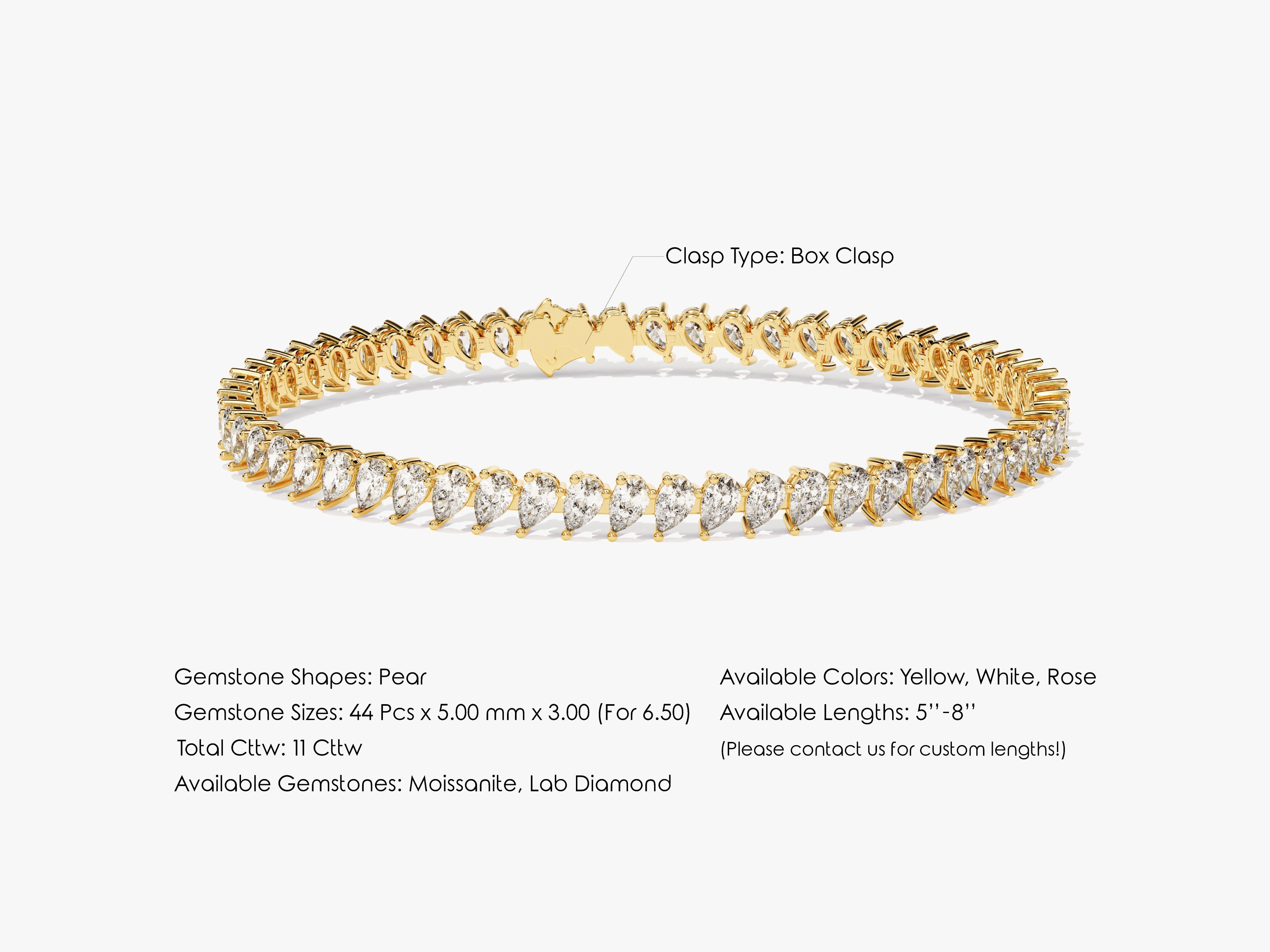 Gold pear moissanite tennis bracelet with box clasp