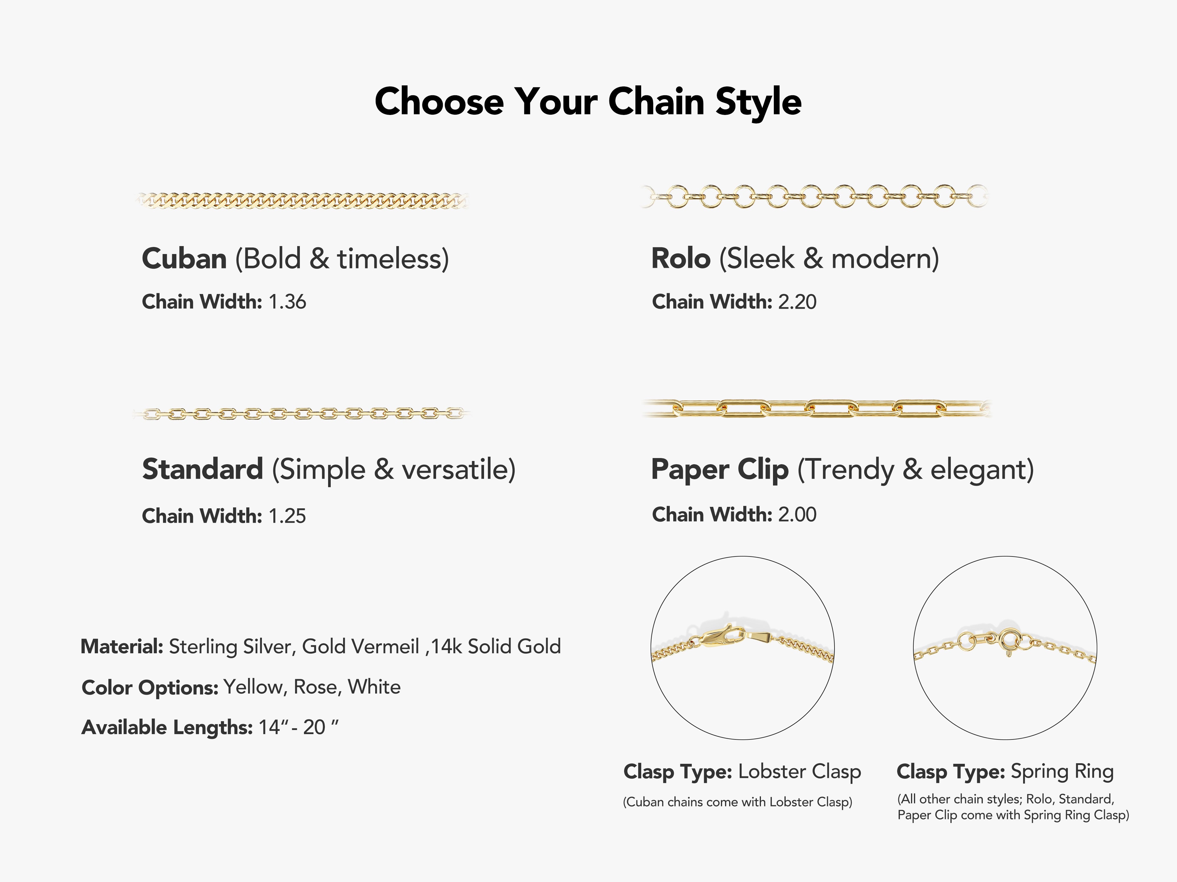 Jewelry chain styles: Cuban, Rolo, Standard, Paper Clip, clasps