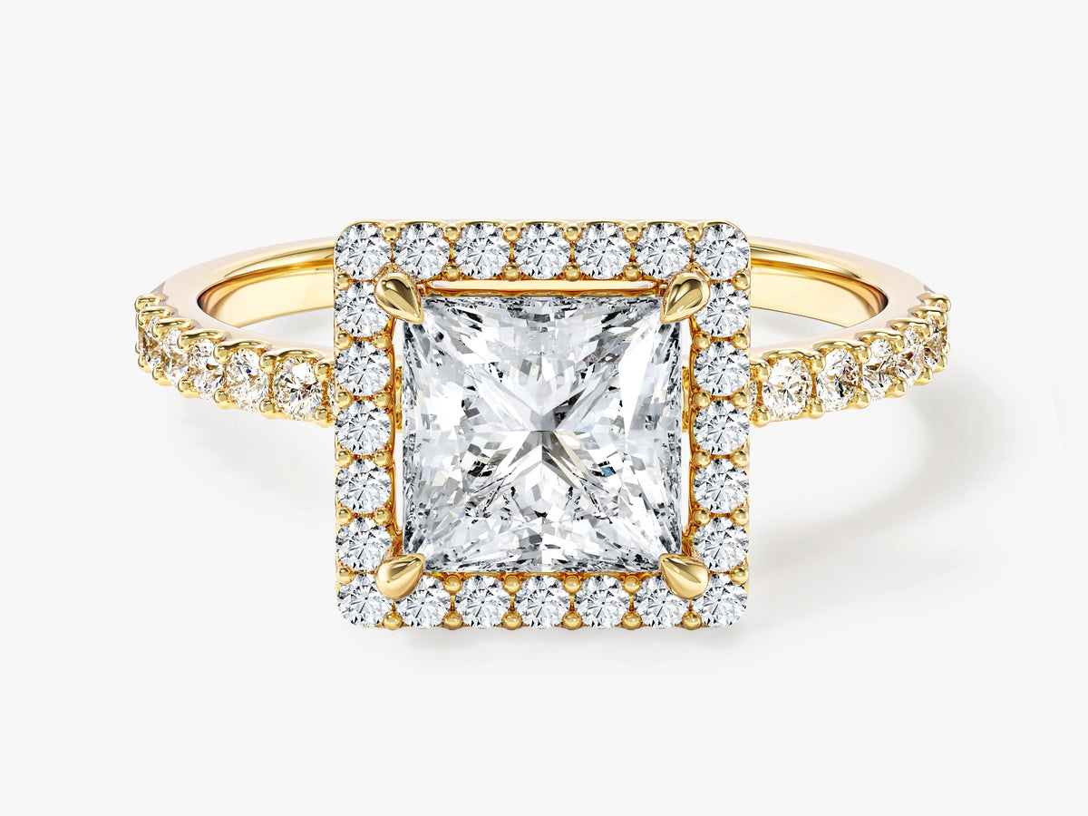 Halo Engagement Ring with Shared Prong Sidestones