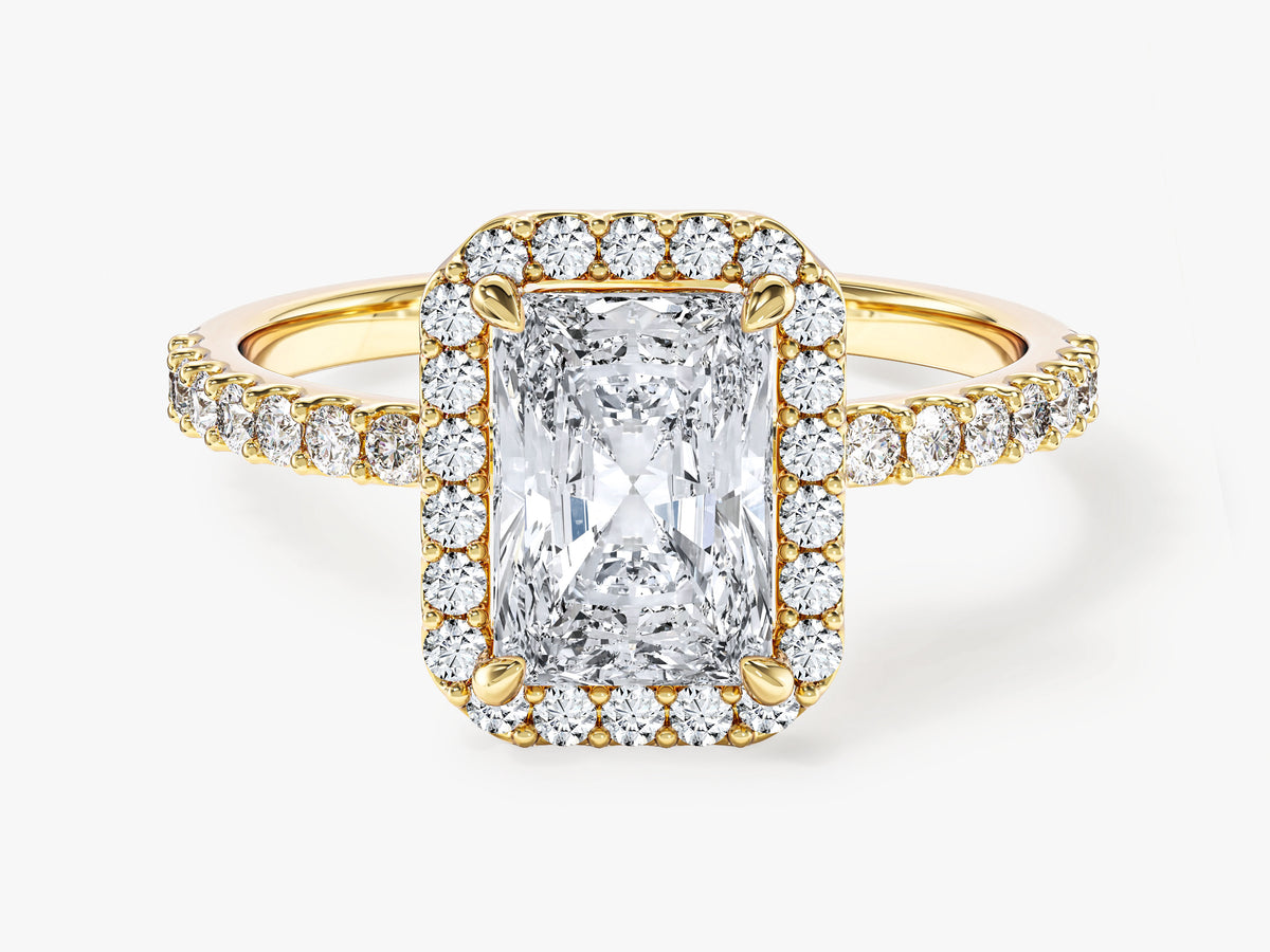 Halo Engagement Ring with Shared Prong Sidestones