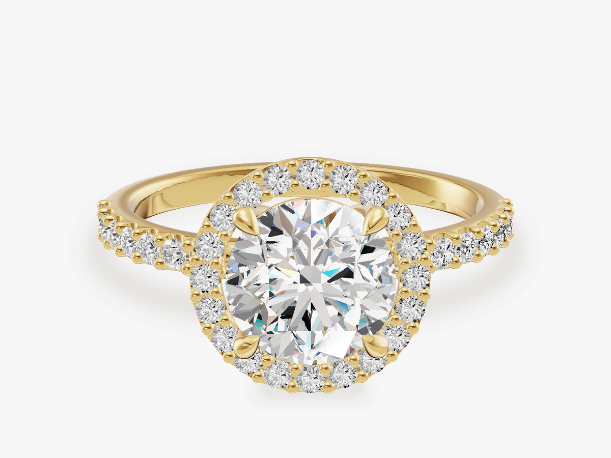 Halo Engagement Ring with Shared Prong Sidestones