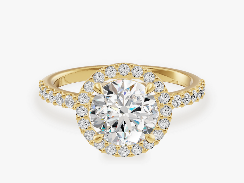 Halo Engagement Ring with Shared Prong Sidestones