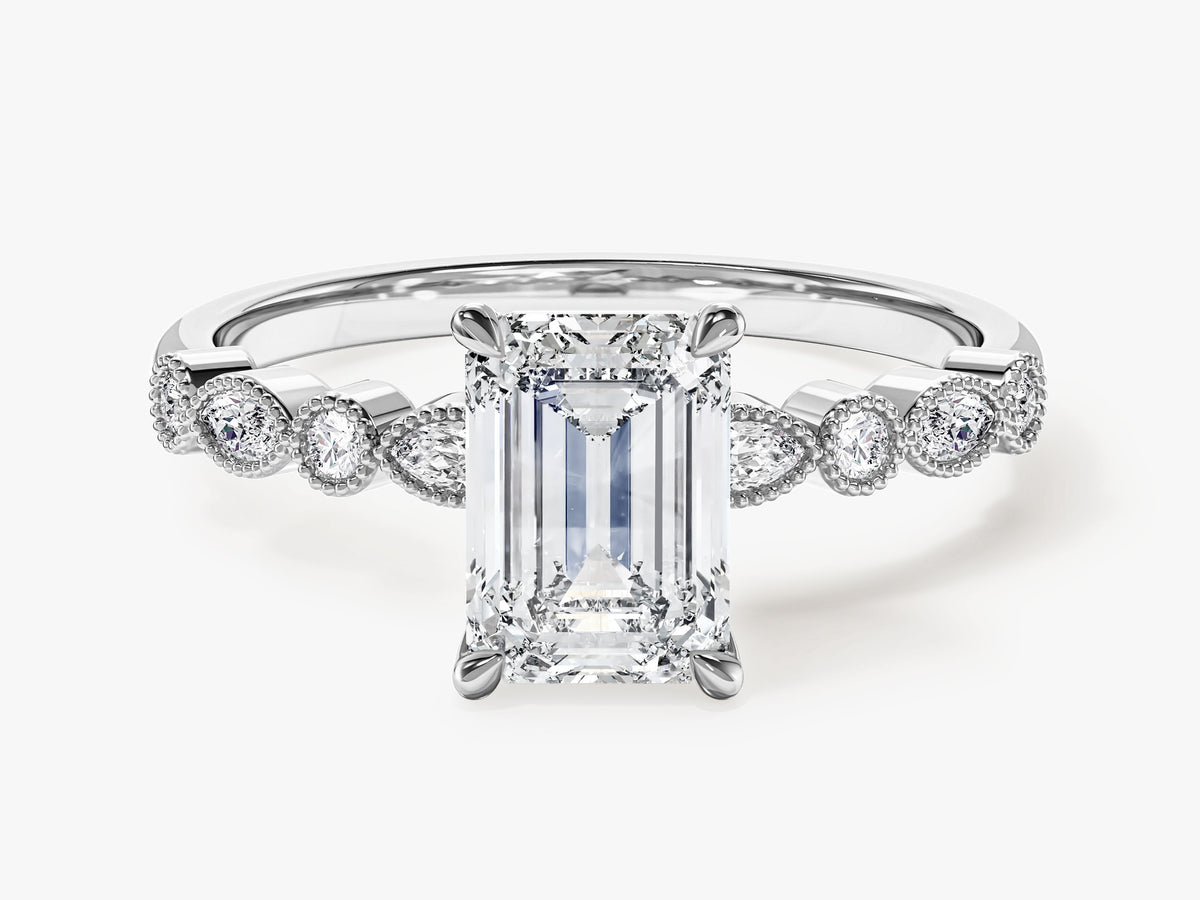 Milgrain Accented Engagement Ring with Marquise Sidestones