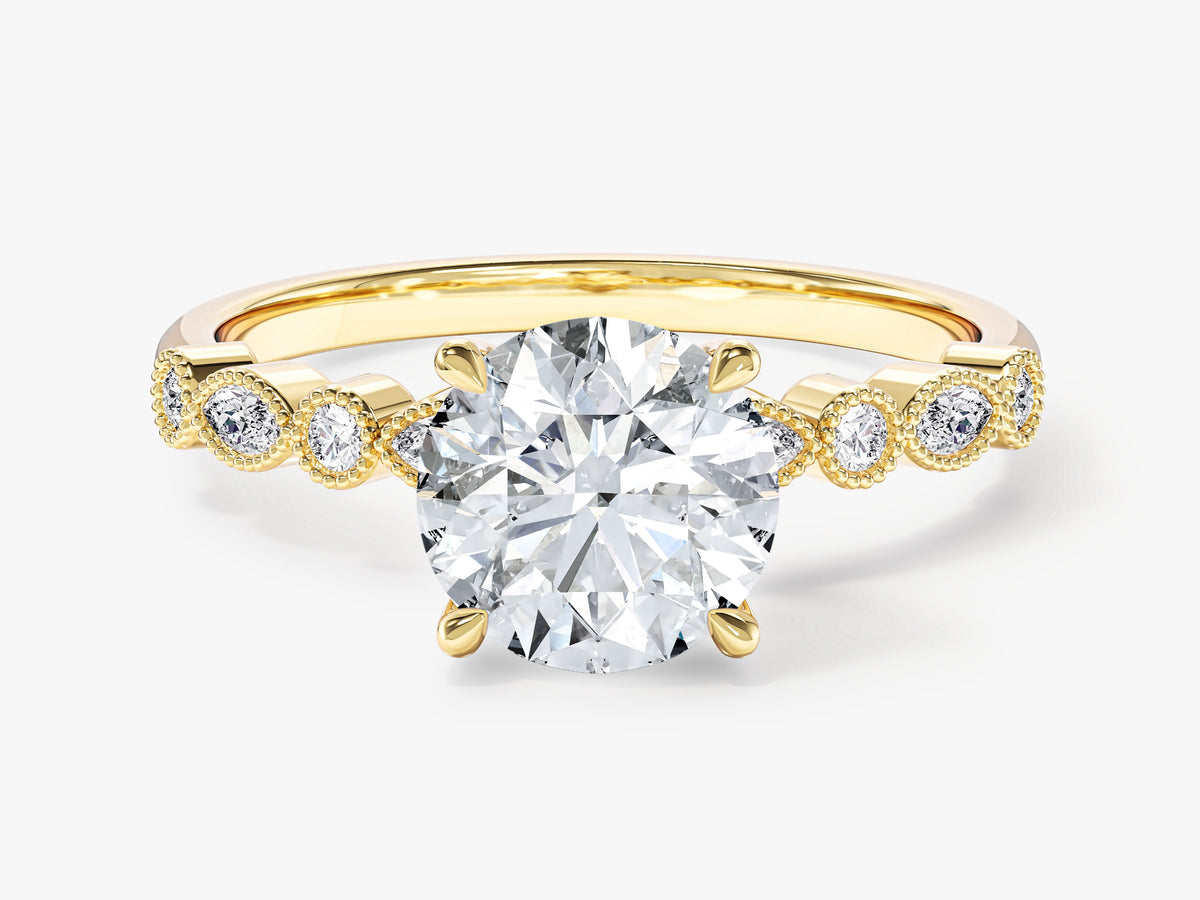 Milgrain Accented Engagement Ring with Marquise Sidestones
