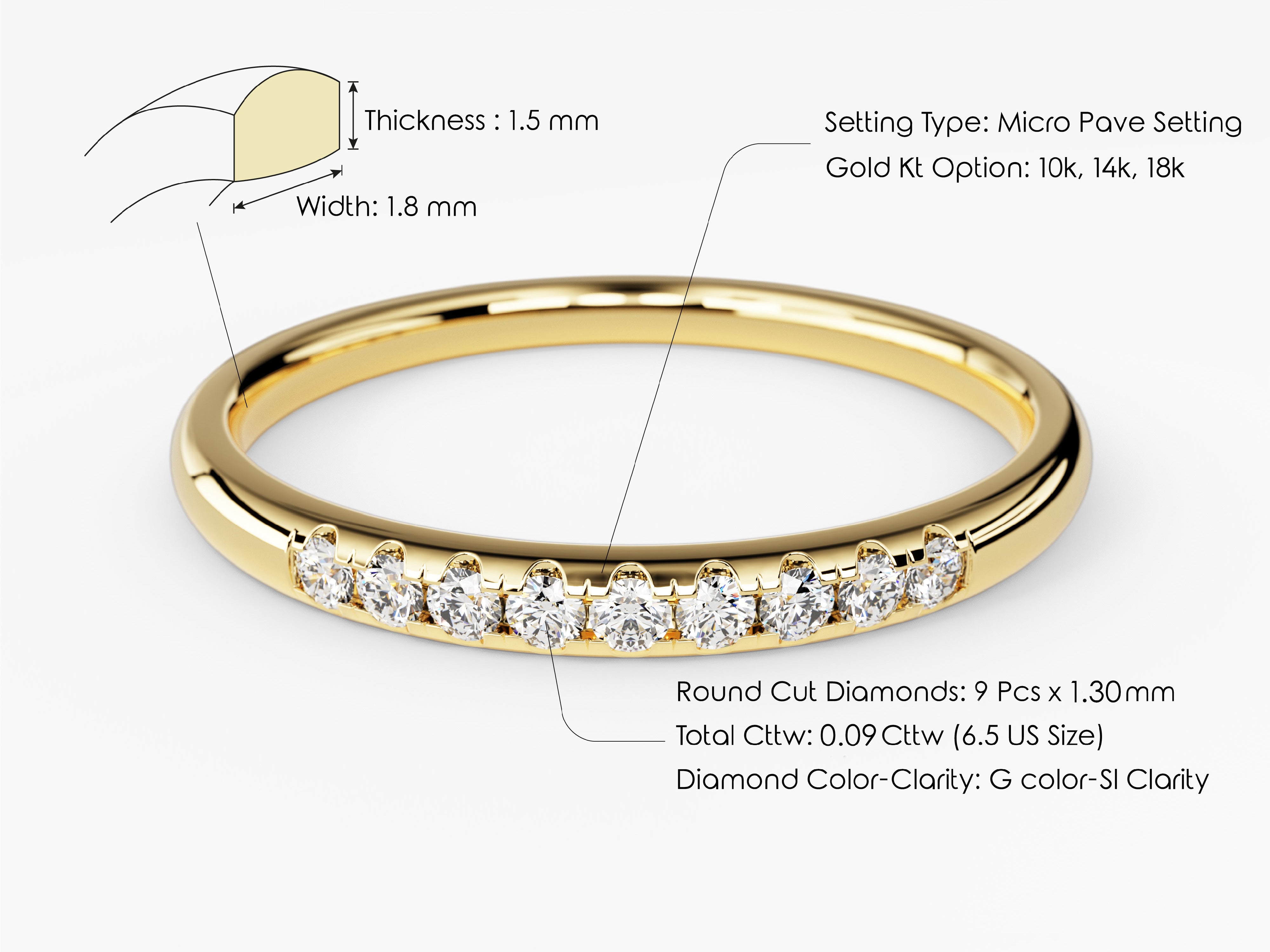 Gold diamond band, micro pave setting, 10k-18k gold options