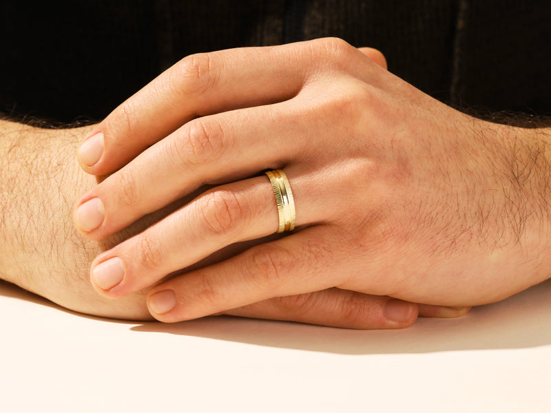 6mm Grooved Fancy Accents Men's Gold Wedding Band