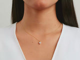 A video of a women model showing a yellow gold heart cut lab diamond solitaire pendant on her neck