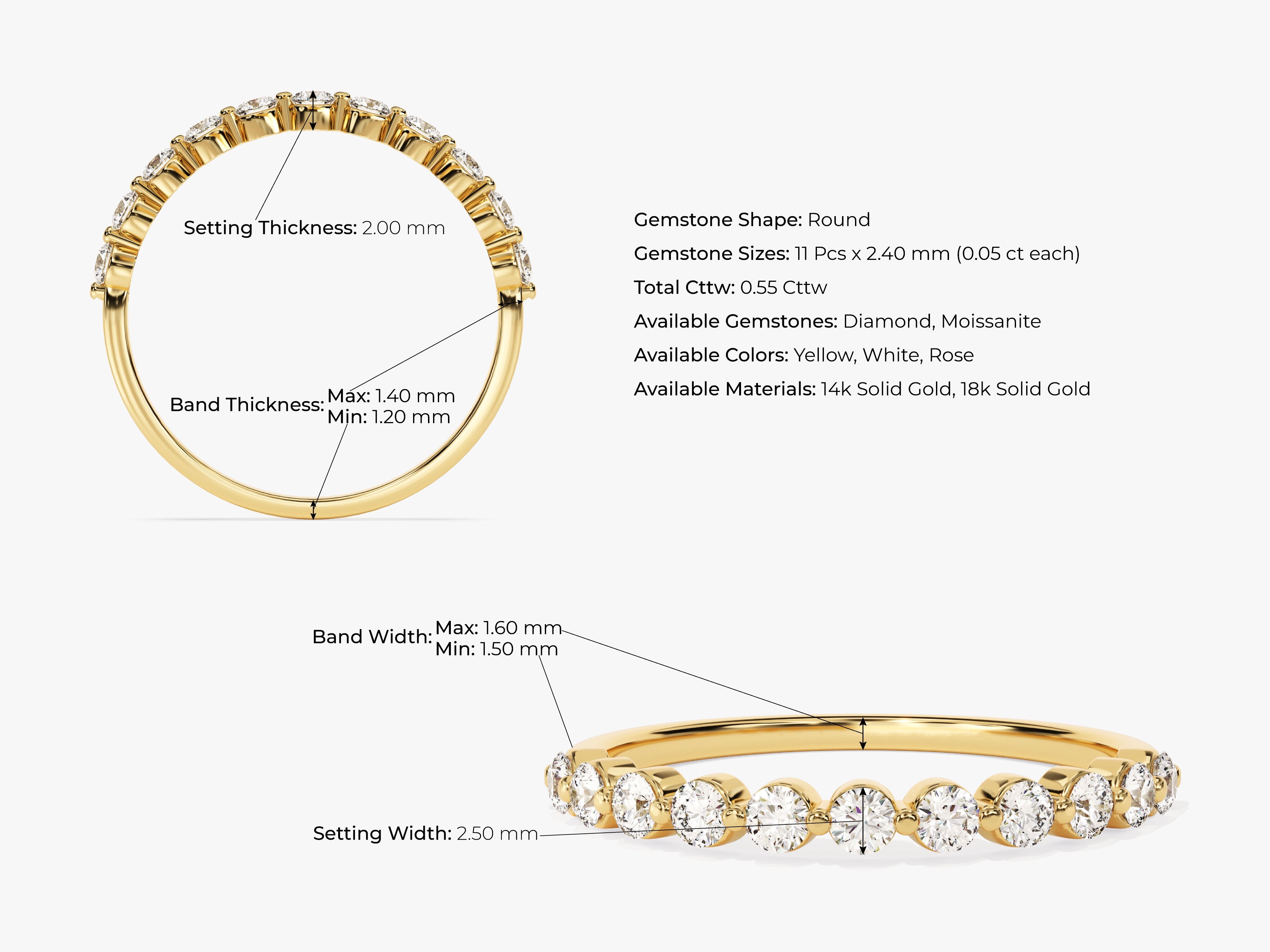 Diamond eternity band, 14k gold, round gemstones, jewelry details