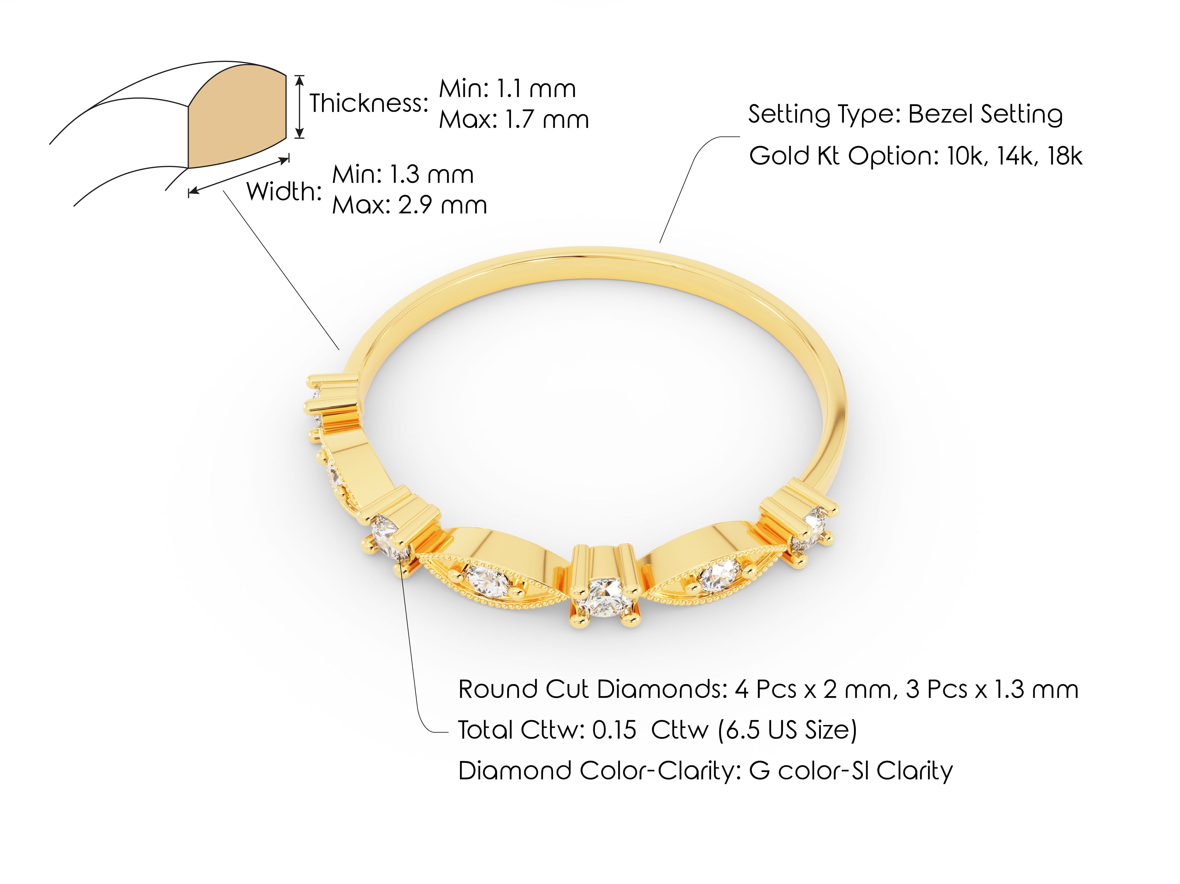 Gold diamond ring with bezel setting and detailed specifications