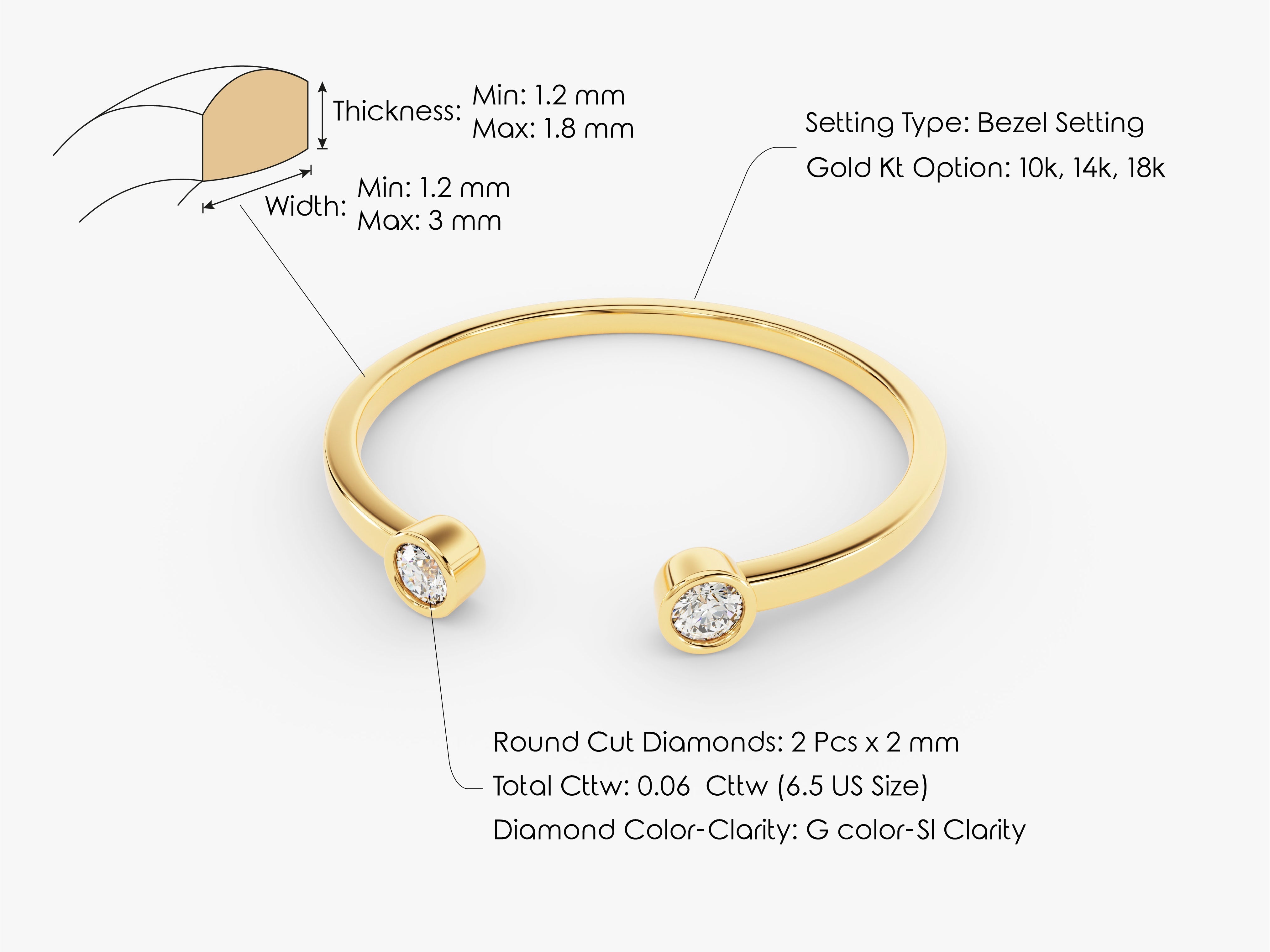 Gold bypass ring with two round diamonds, bezel set