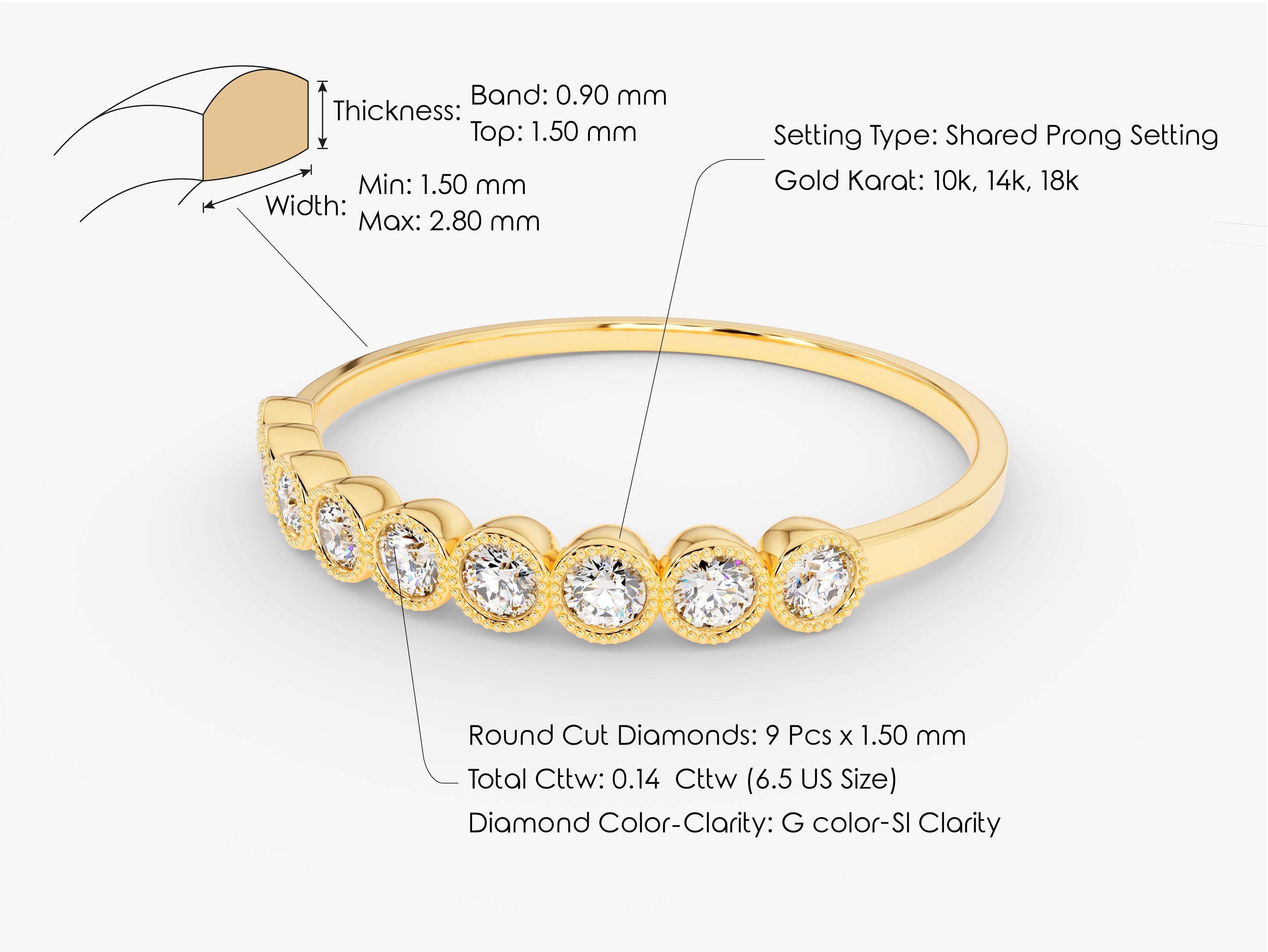Gold diamond ring with shared prong setting and detailed specifications