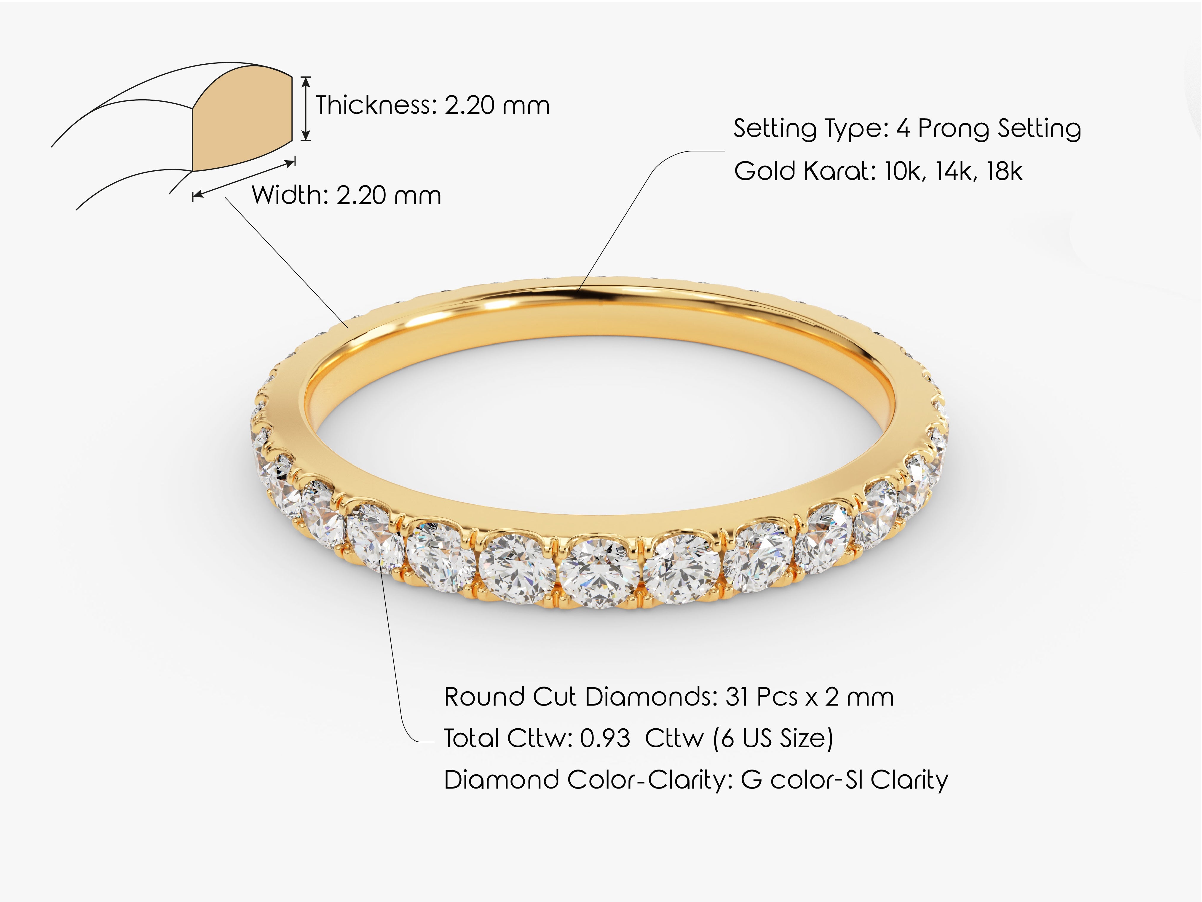 Diamond eternity ring, 4 prong setting, 10k-18k gold