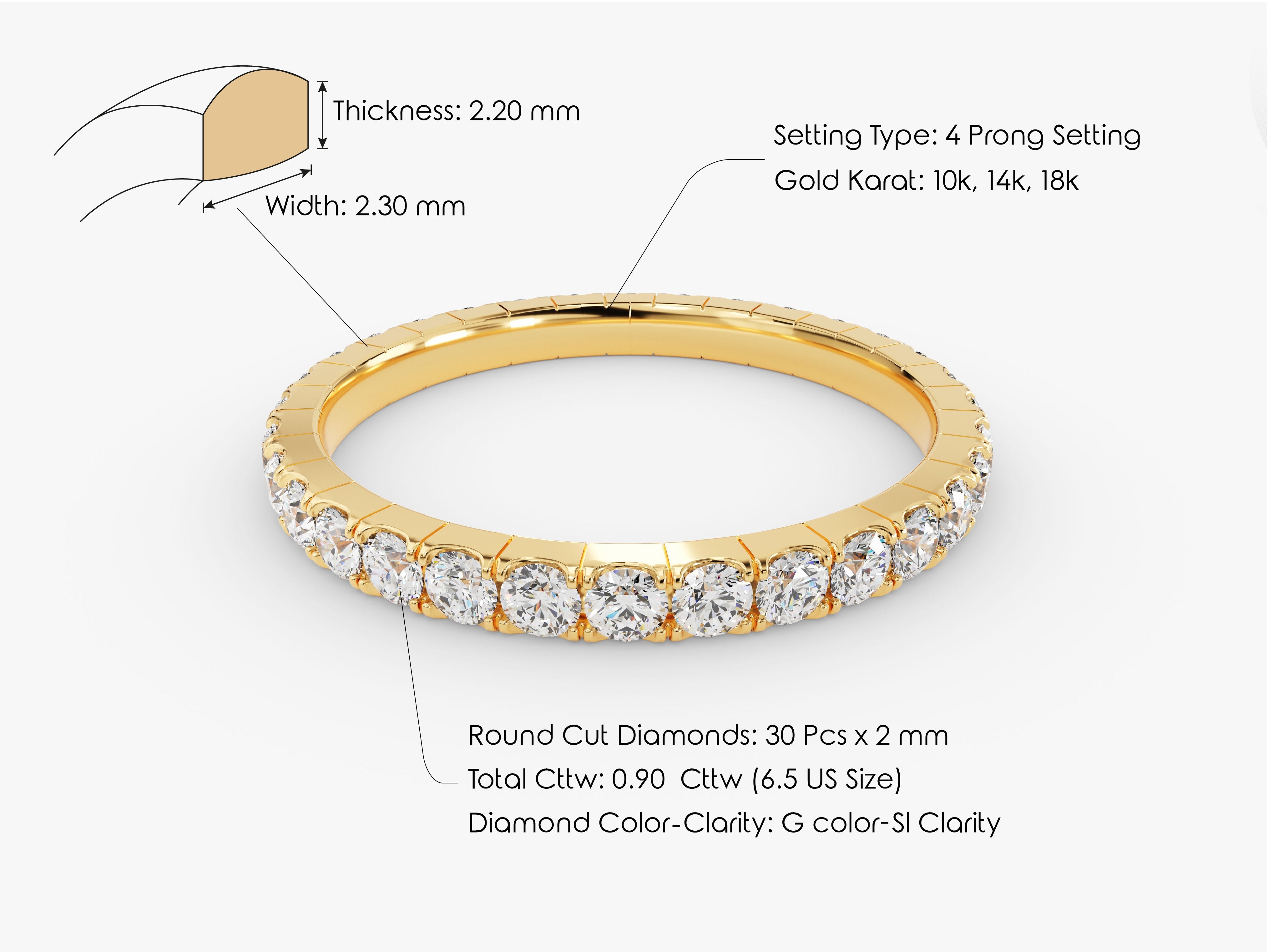 Gold diamond eternity ring, 4 prong setting, 10k-18k gold
