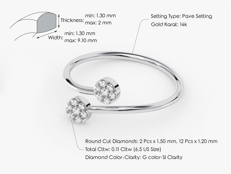 14k gold, 18k gold, yellow, white, rose, Elegant Double Flower Bypass Diamond Ring for Women wit Size Information