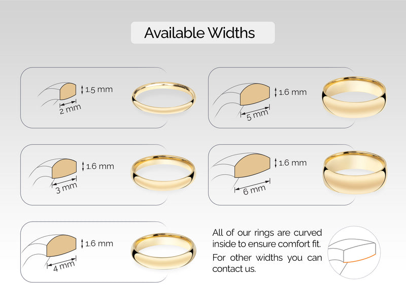 White, Rose, Yellow, 14k Gold, 10k Gold, 18k Gold 2mm Classic Dome Wedding Ring with Available Width Options