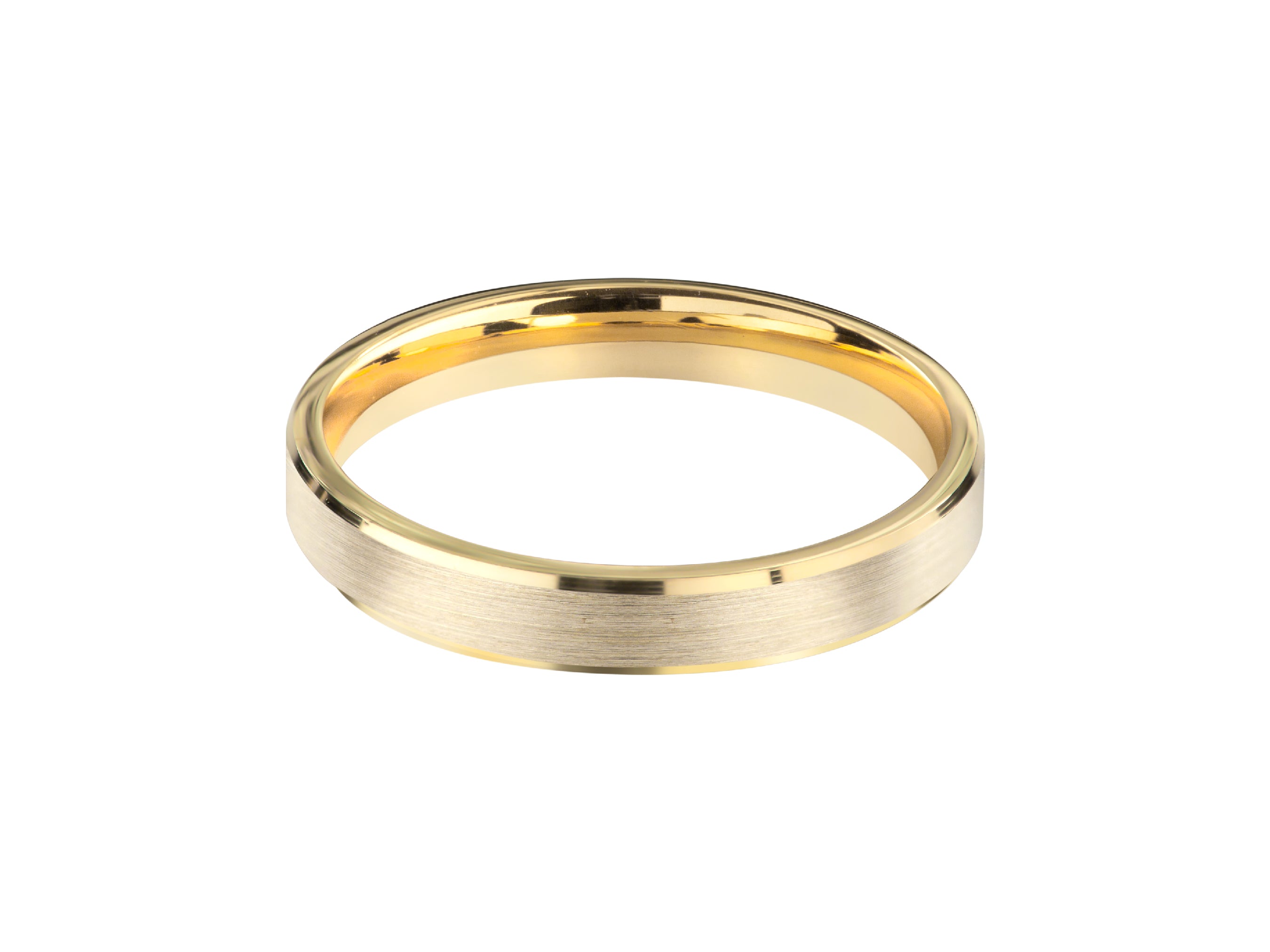 Gold wedding band with brushed finish and polished edges